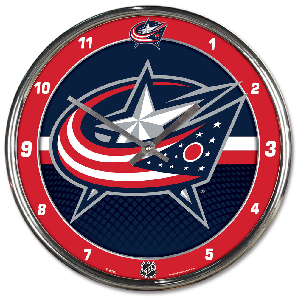 Columbus Blue Jackets Round Wall Style Chrome Clock with team logo and chrome finish, perfect for fans.