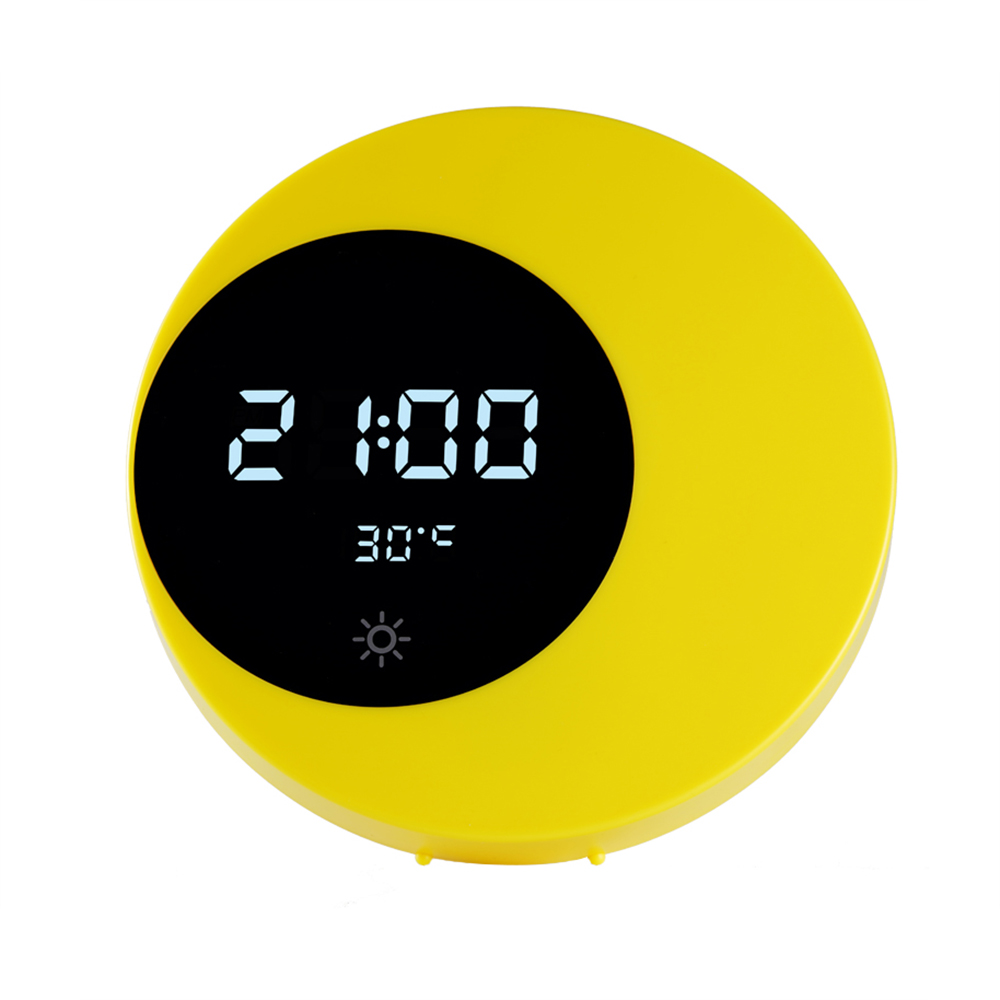 A stylish crescent moon clock with a warm yellow night light, digital display, and temperature monitor, perfect for home decor.