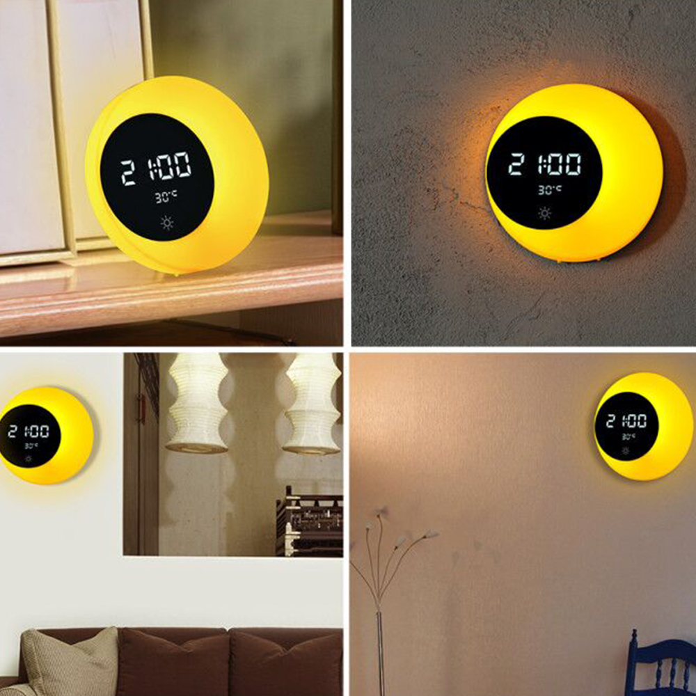 A stylish crescent moon clock with a warm yellow night light, digital display, and temperature monitor, perfect for home decor.