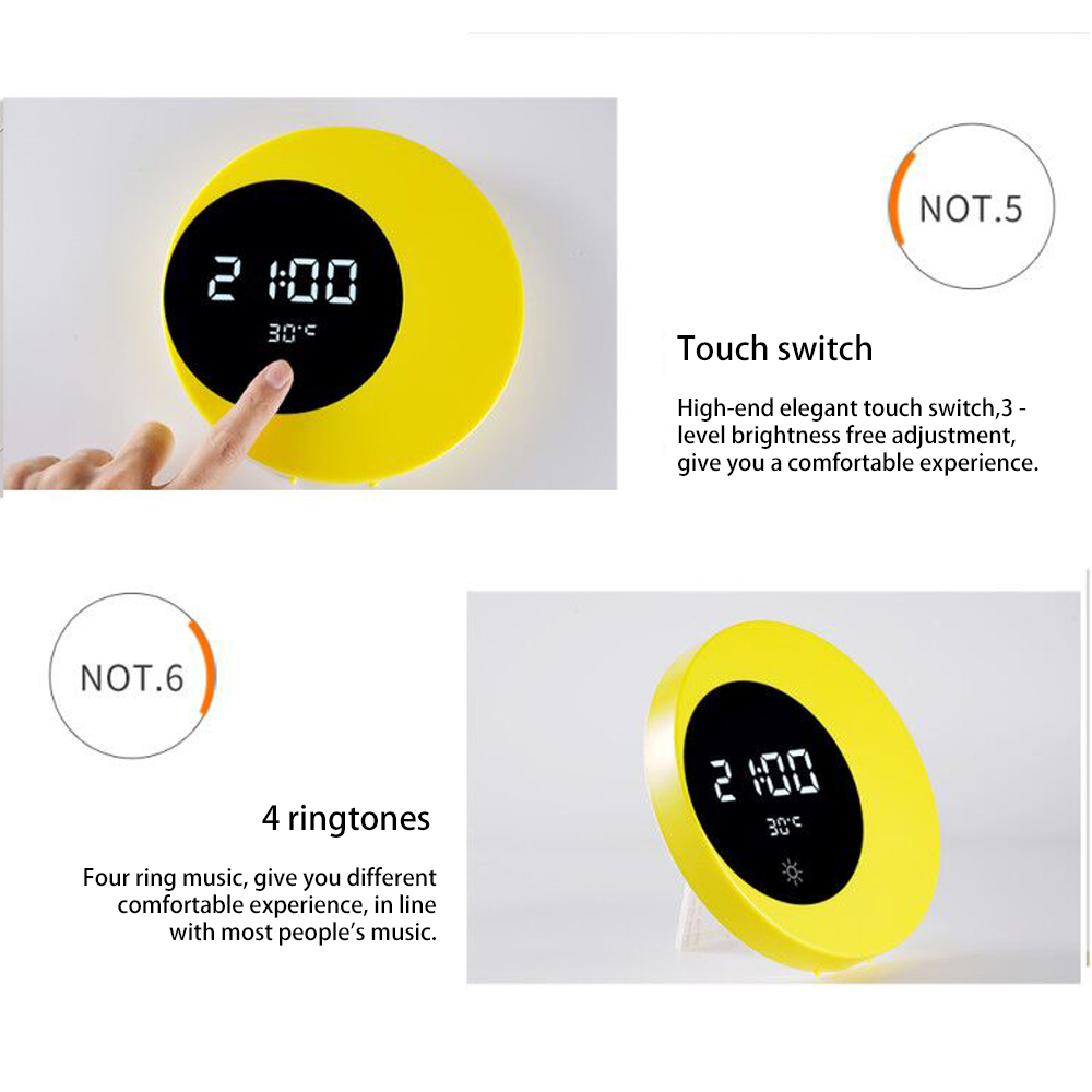 A stylish crescent moon clock with a warm yellow night light, digital display, and temperature monitor, perfect for home decor.