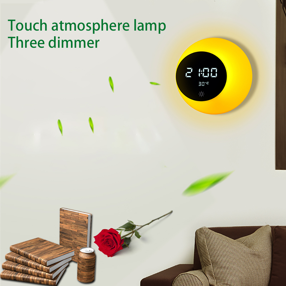 A stylish crescent moon clock with a warm yellow night light, digital display, and temperature monitor, perfect for home decor.
