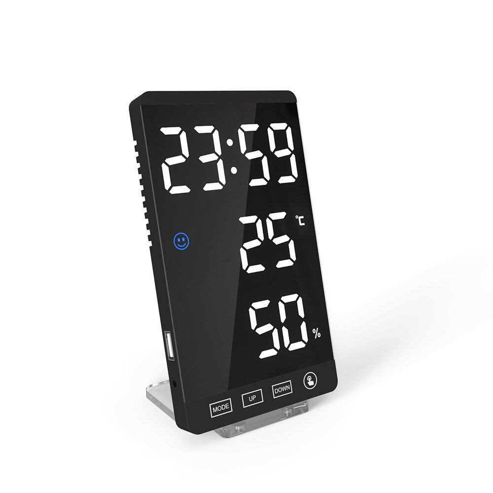 Digital Alarm Clock with a sleek mirror surface displaying time, temperature, and humidity, ideal for home or office use.