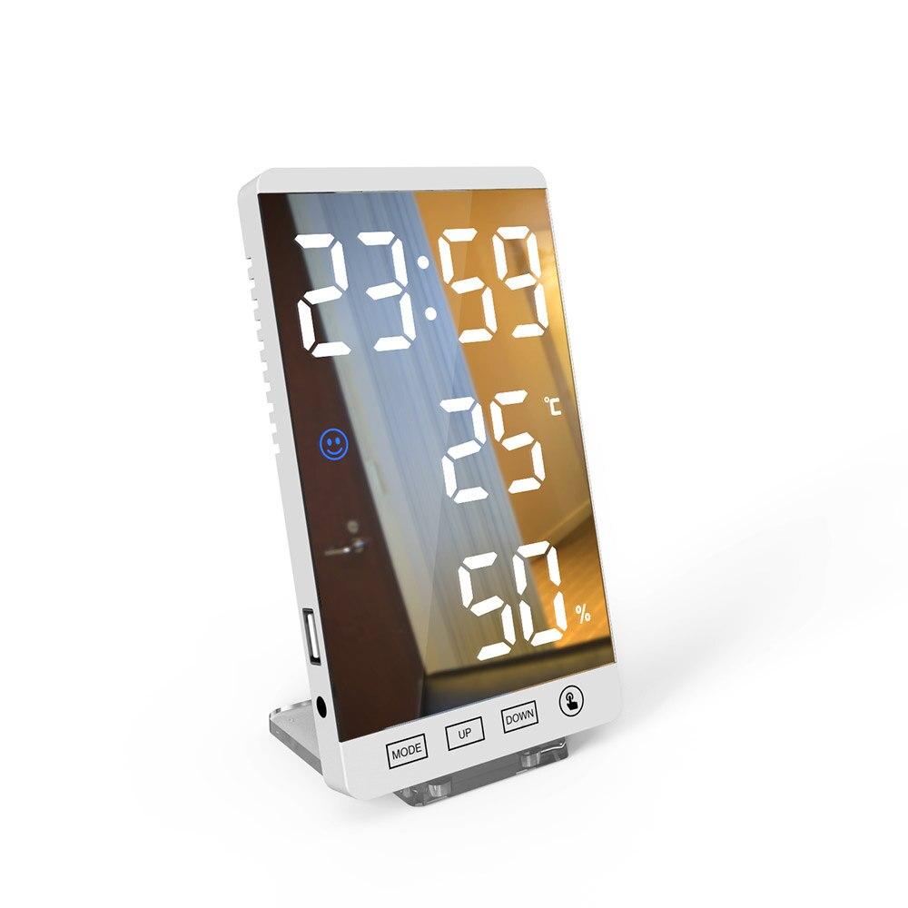 Digital Alarm Clock with a sleek mirror surface displaying time, temperature, and humidity, ideal for home or office use.