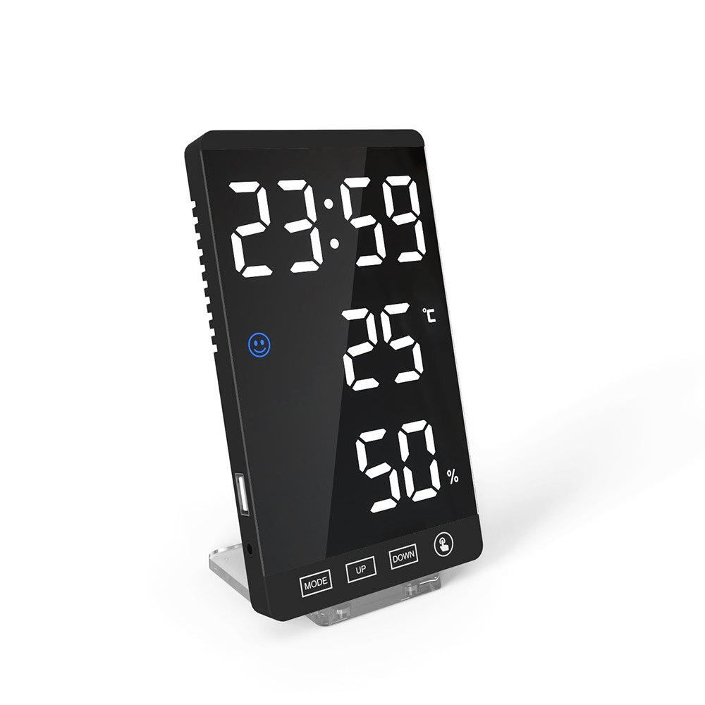 Digital Alarm Clock with a sleek mirror surface displaying time, temperature, and humidity, ideal for home or office use.
