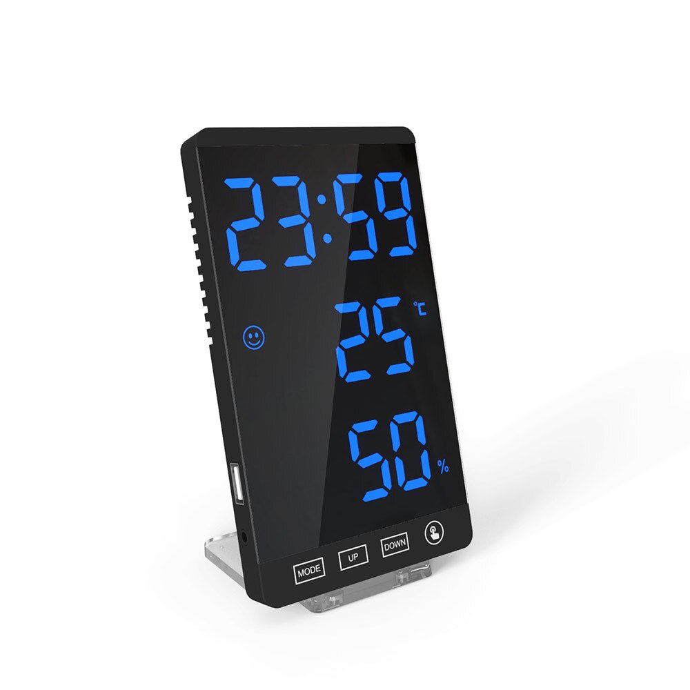 Digital Alarm Clock with a sleek mirror surface displaying time, temperature, and humidity, ideal for home or office use.
