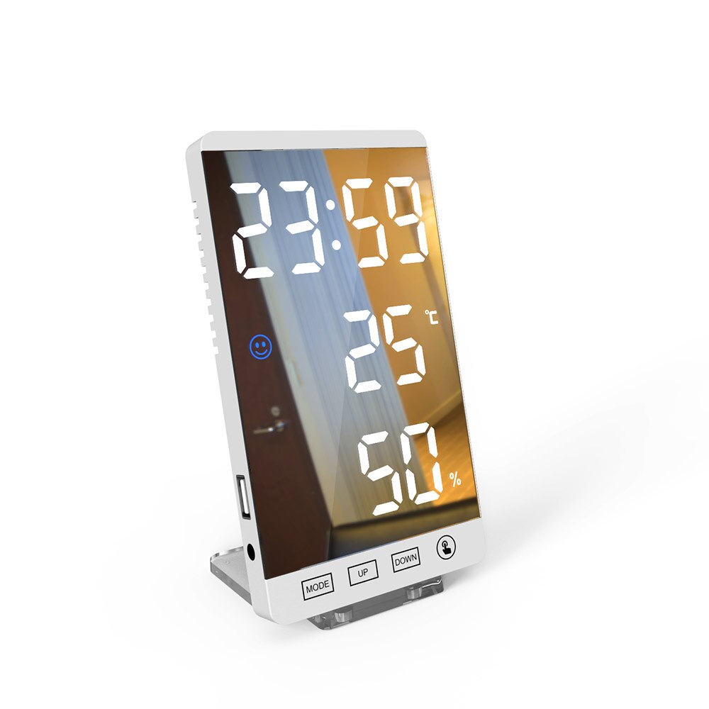 Digital Alarm Clock with a sleek mirror surface displaying time, temperature, and humidity, ideal for home or office use.