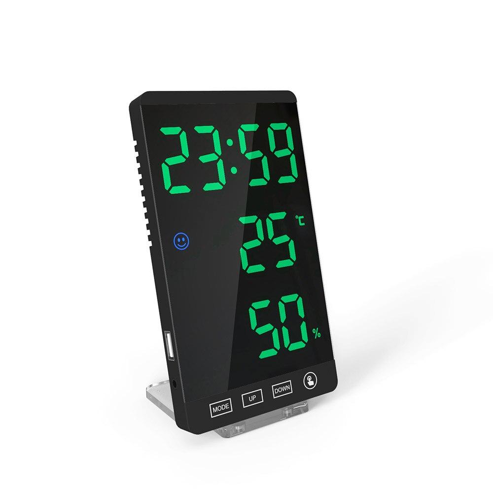 Digital Alarm Clock with a sleek mirror surface displaying time, temperature, and humidity, ideal for home or office use.
