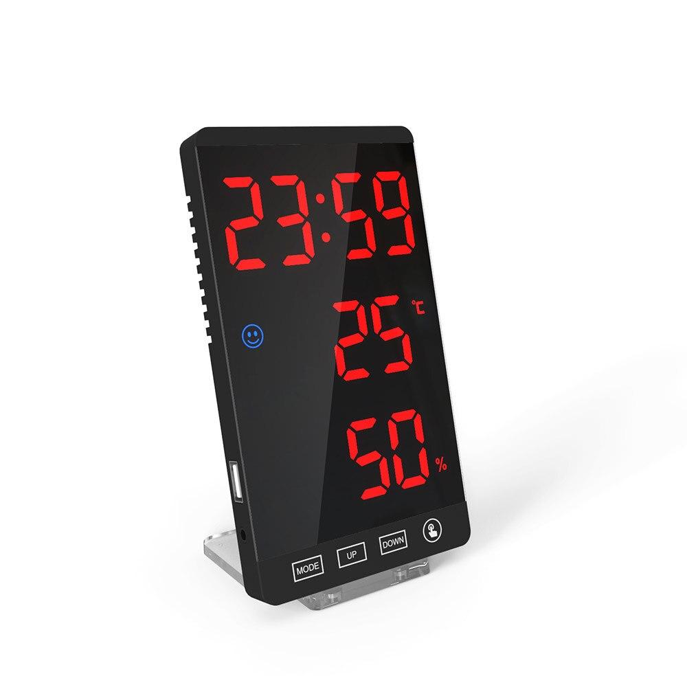 Digital Alarm Clock with a sleek mirror surface displaying time, temperature, and humidity, ideal for home or office use.