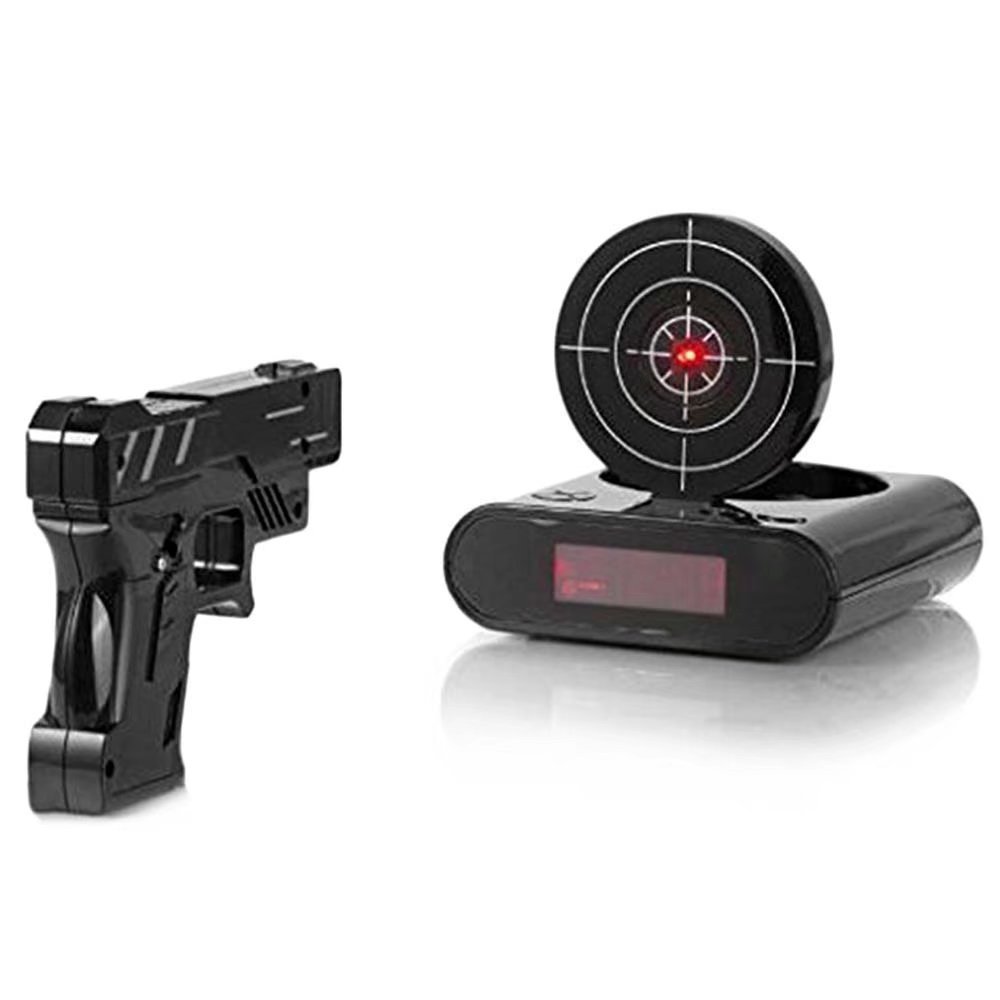 Gun Shot Alarm Clock in black, featuring a shooting target design for waking up.