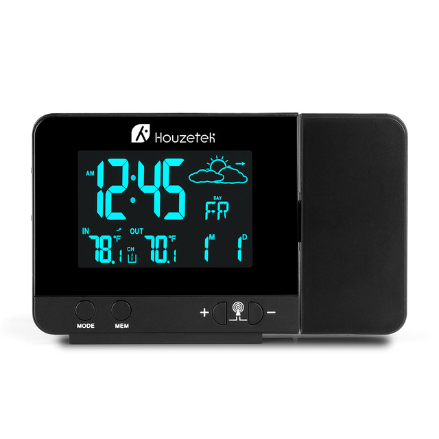 Houzetek 3531B Projection Clock with 8 backlights, featuring a digital display and standing station design, ideal for indoor use.