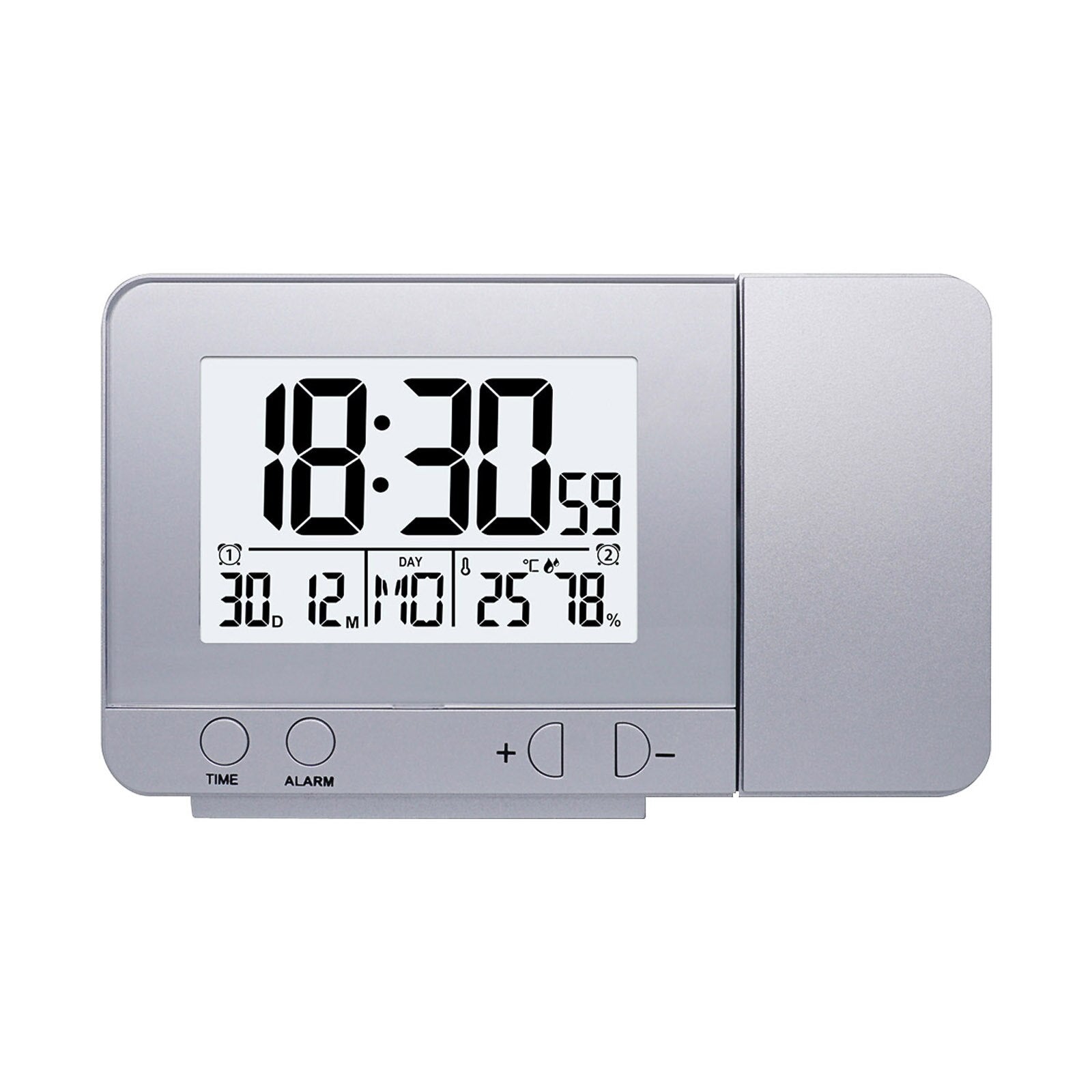 LED Digital Projection Alarm Clock in silver and black, showcasing time projection on a wall, with a sleek design and multifunctional display.