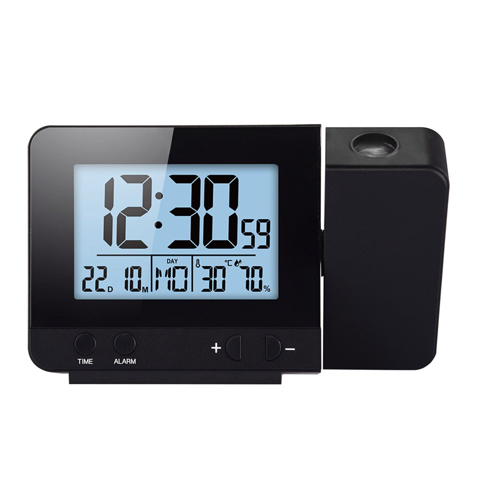 LED Digital Projection Alarm Clock in silver and black, showcasing time projection on a wall, with a sleek design and multifunctional display.