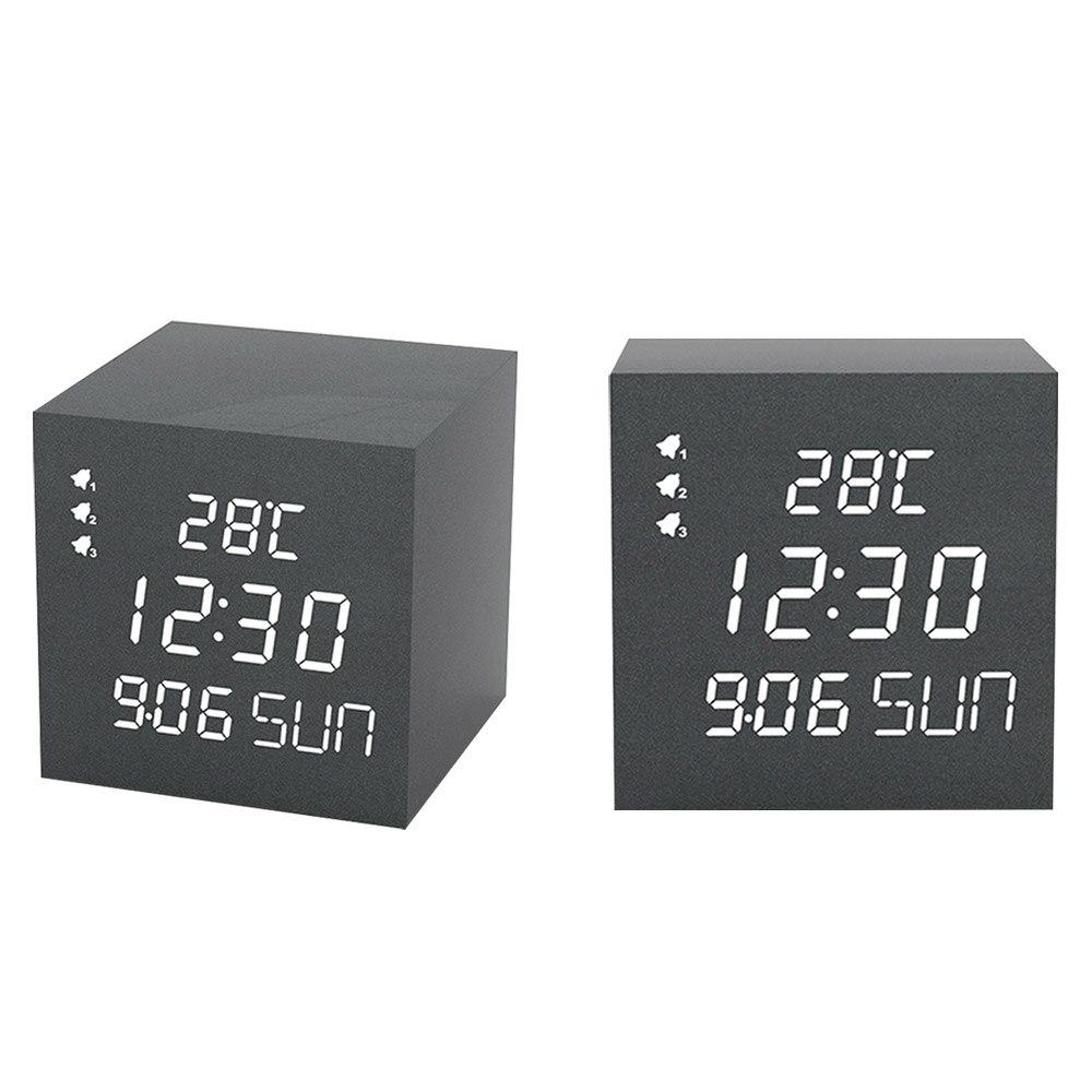 LED Electronic Wooden Alarm Clock with digital display showing time, date, and temperature in a stylish wooden design.
