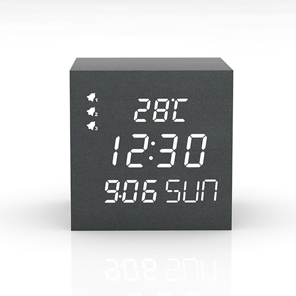 LED Electronic Wooden Alarm Clock with digital display showing time, date, and temperature in a stylish wooden design.