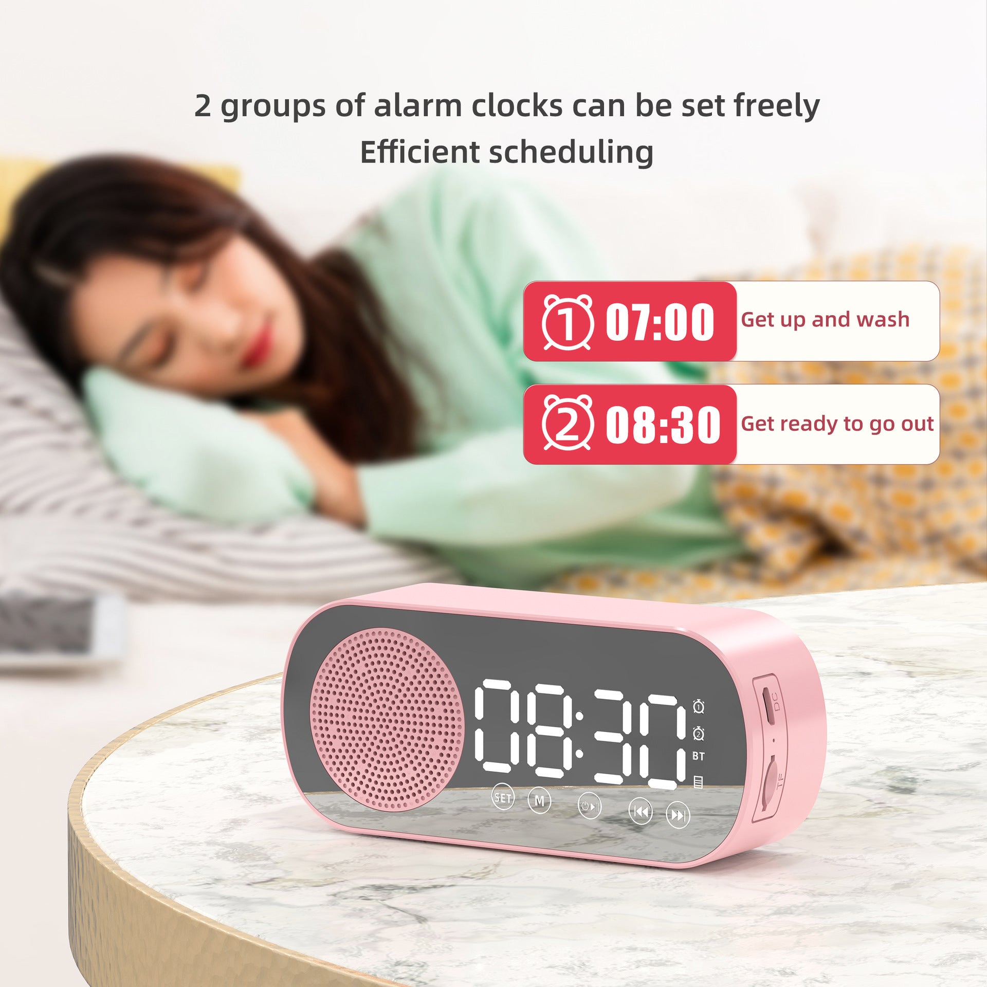 A sleek Music Alarm Clock with a mirror finish, featuring a large LED display, Bluetooth speaker, FM radio, and phone bracket, available in black, white, and pink.