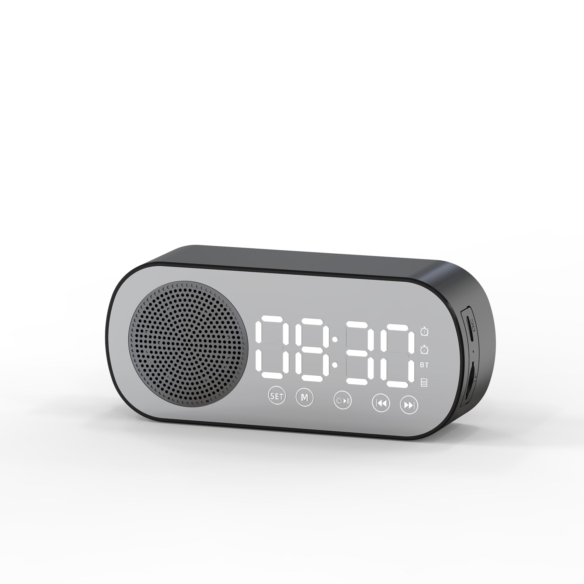 A sleek Music Alarm Clock with a mirror finish, featuring a large LED display, Bluetooth speaker, FM radio, and phone bracket, available in black, white, and pink.