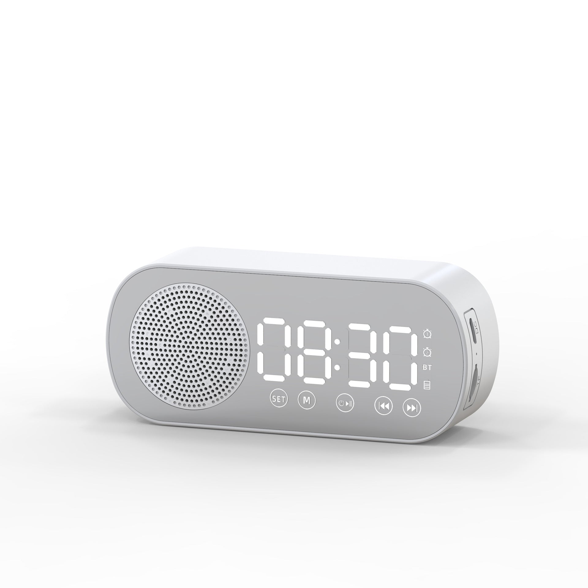 A sleek Music Alarm Clock with a mirror finish, featuring a large LED display, Bluetooth speaker, FM radio, and phone bracket, available in black, white, and pink.