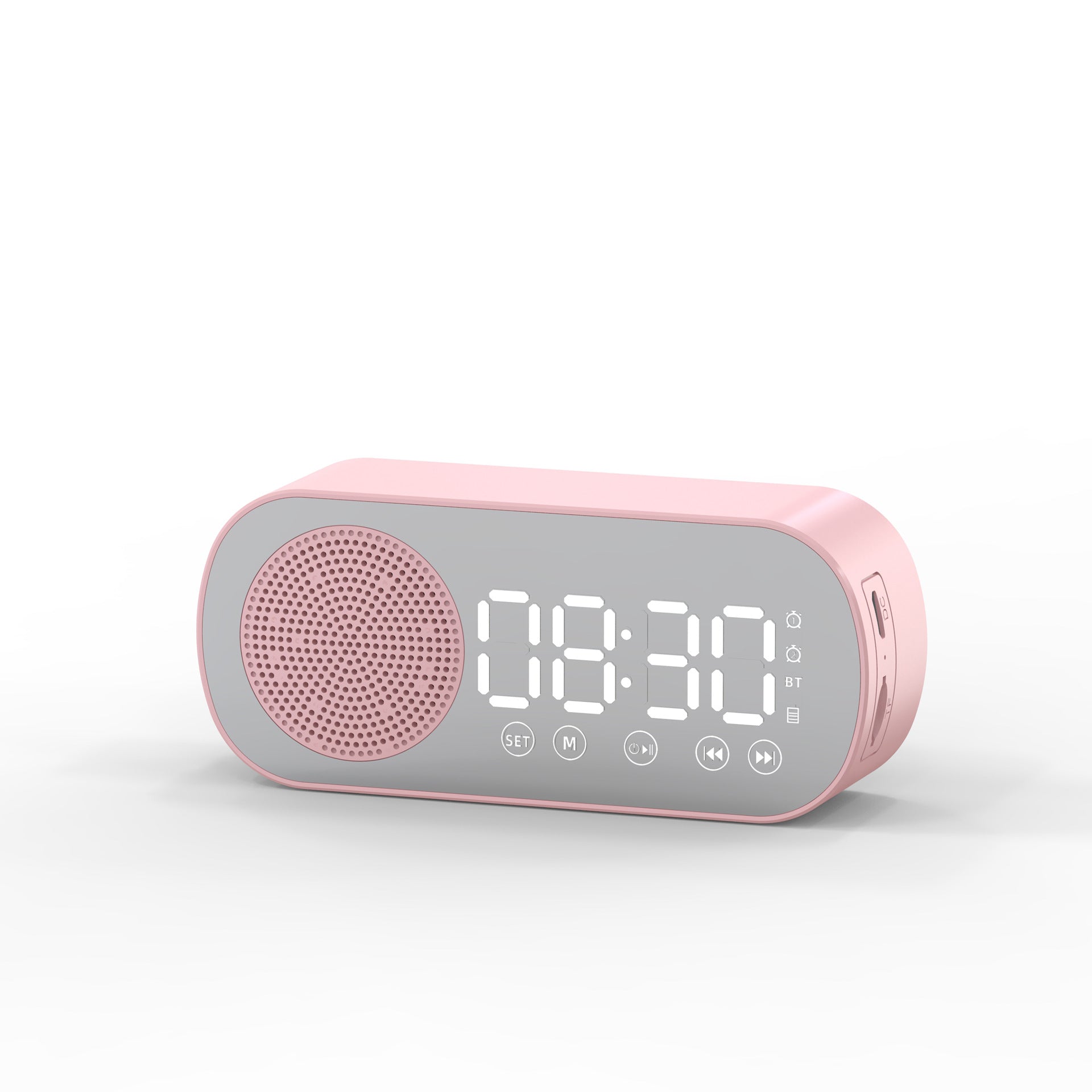 A sleek Music Alarm Clock with a mirror finish, featuring a large LED display, Bluetooth speaker, FM radio, and phone bracket, available in black, white, and pink.