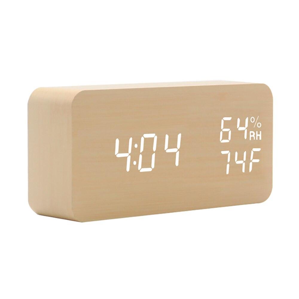 Wooden LED Digital Alarm Clock displaying time, temperature, and humidity with a sleek design, perfect for home decoration.