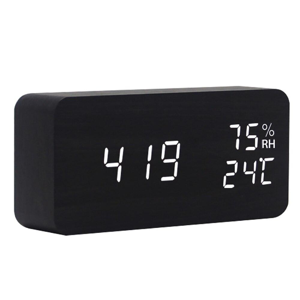 Wooden LED Digital Alarm Clock displaying time, temperature, and humidity with a sleek design, perfect for home decoration.
