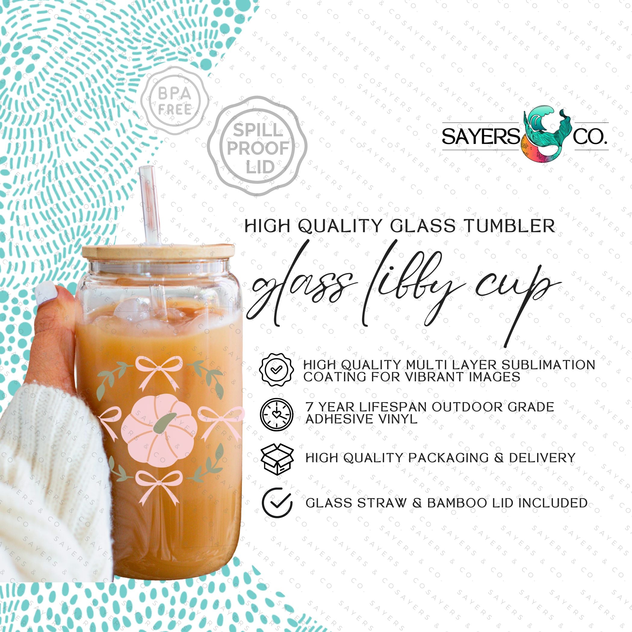 16oz Boho Fall Autumn Glass Cup with Bamboo Lid and Straw, featuring a stylish design perfect for autumn beverages.