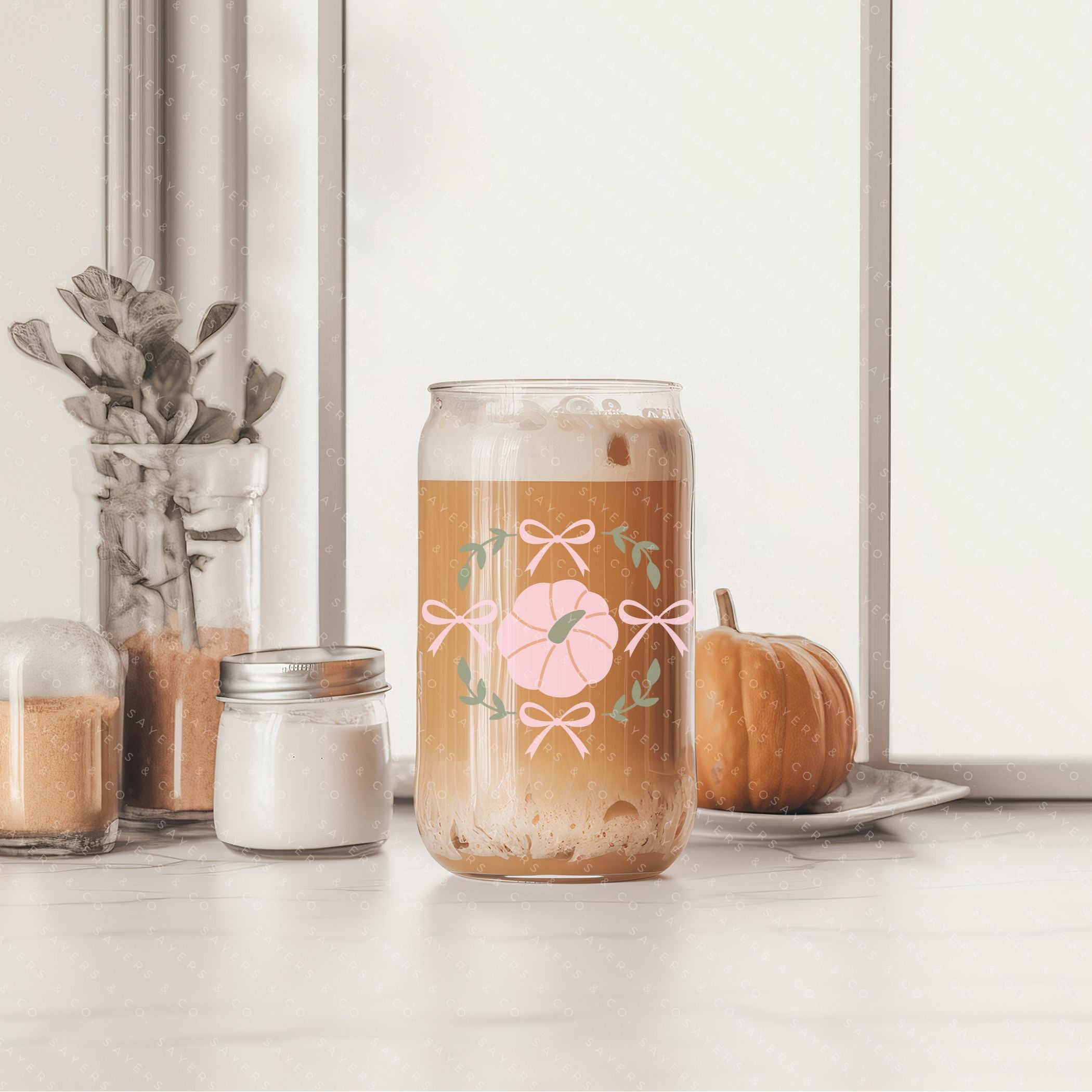16oz Boho Fall Autumn Glass Cup with Bamboo Lid and Straw, featuring a stylish design perfect for autumn beverages.