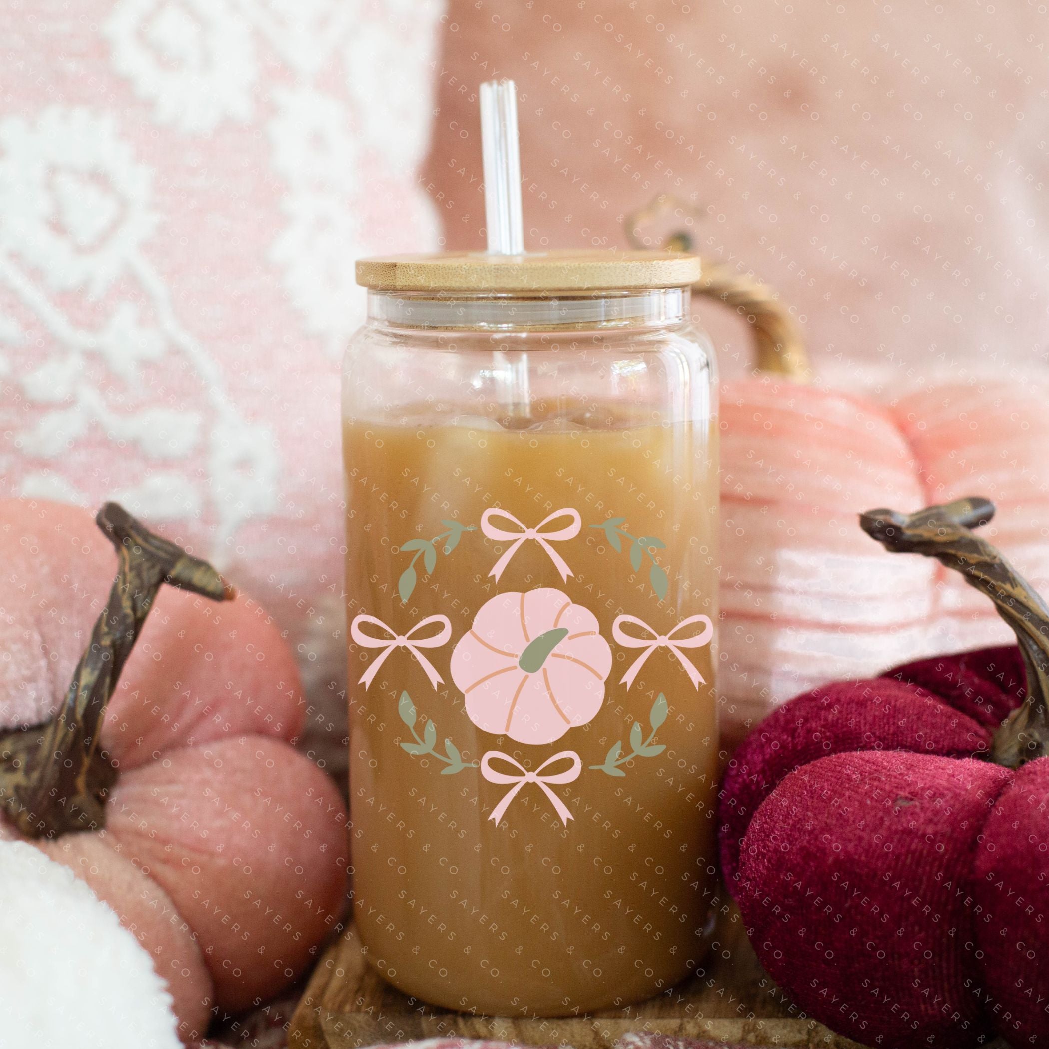 16oz Boho Fall Autumn Glass Cup with Bamboo Lid and Straw, featuring a stylish design perfect for autumn beverages.
