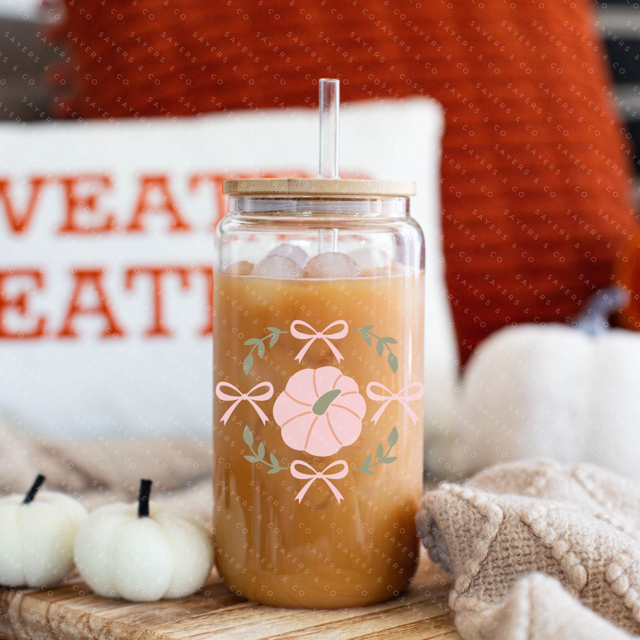 16oz Boho Fall Autumn Glass Cup with Bamboo Lid and Straw, featuring a stylish design perfect for autumn beverages.