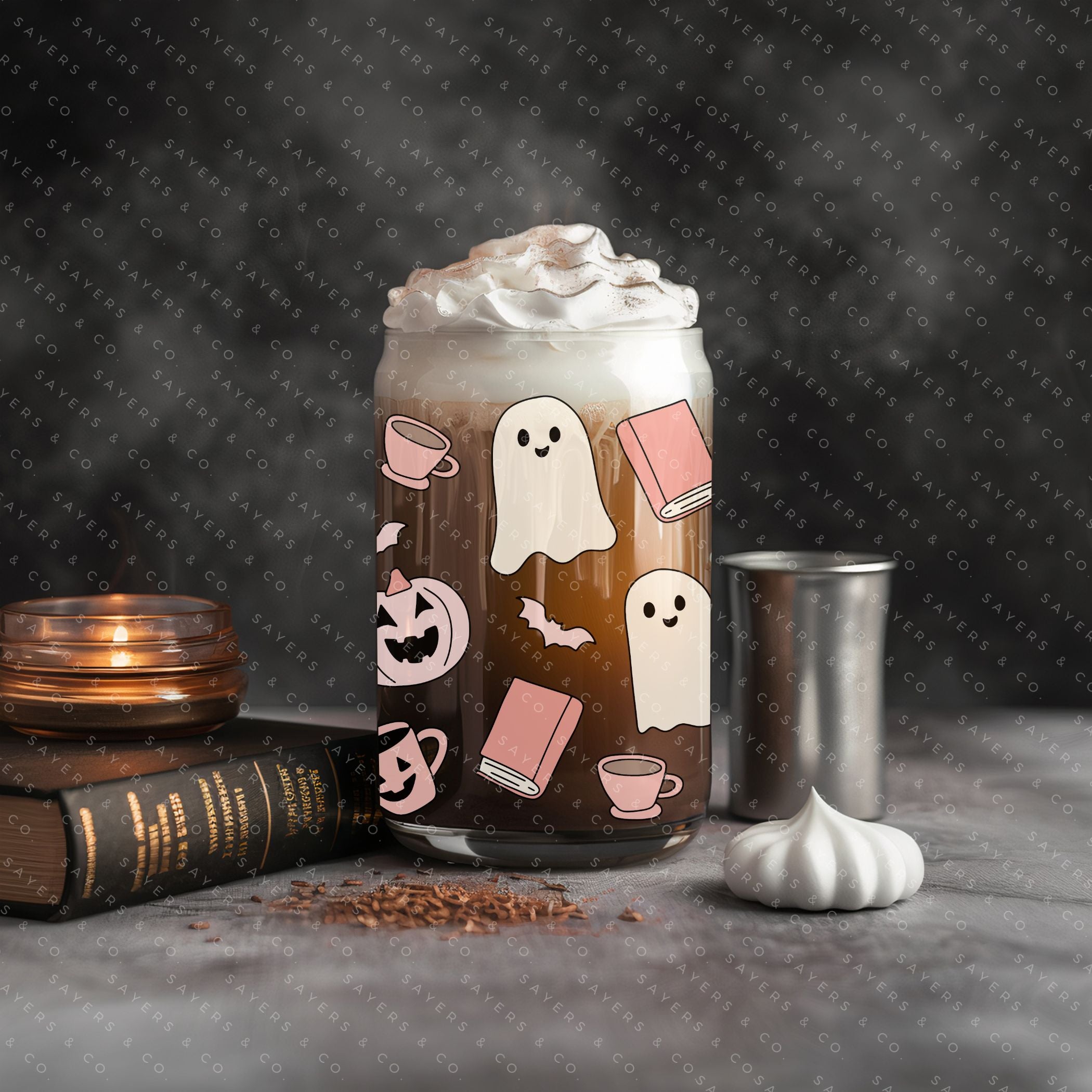 16oz Book Ghosts Glass Cup with Bamboo Lid and Straw, featuring a whimsical ghost design perfect for Halloween and book lovers.