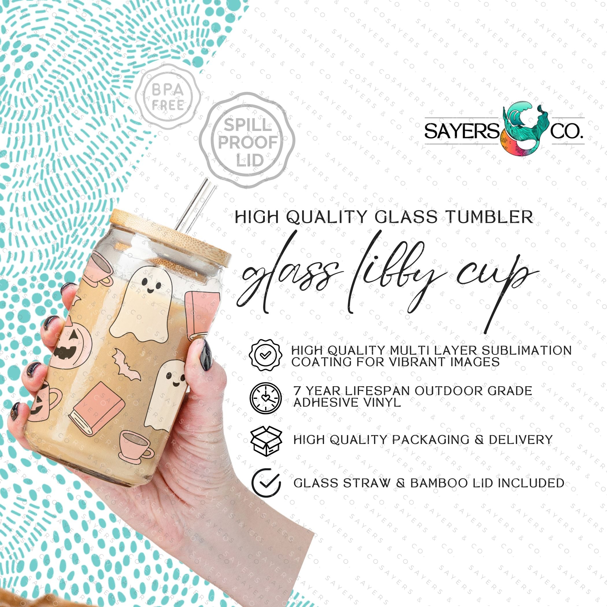 16oz Book Ghosts Glass Cup with Bamboo Lid and Straw, featuring a whimsical ghost design perfect for Halloween and book lovers.