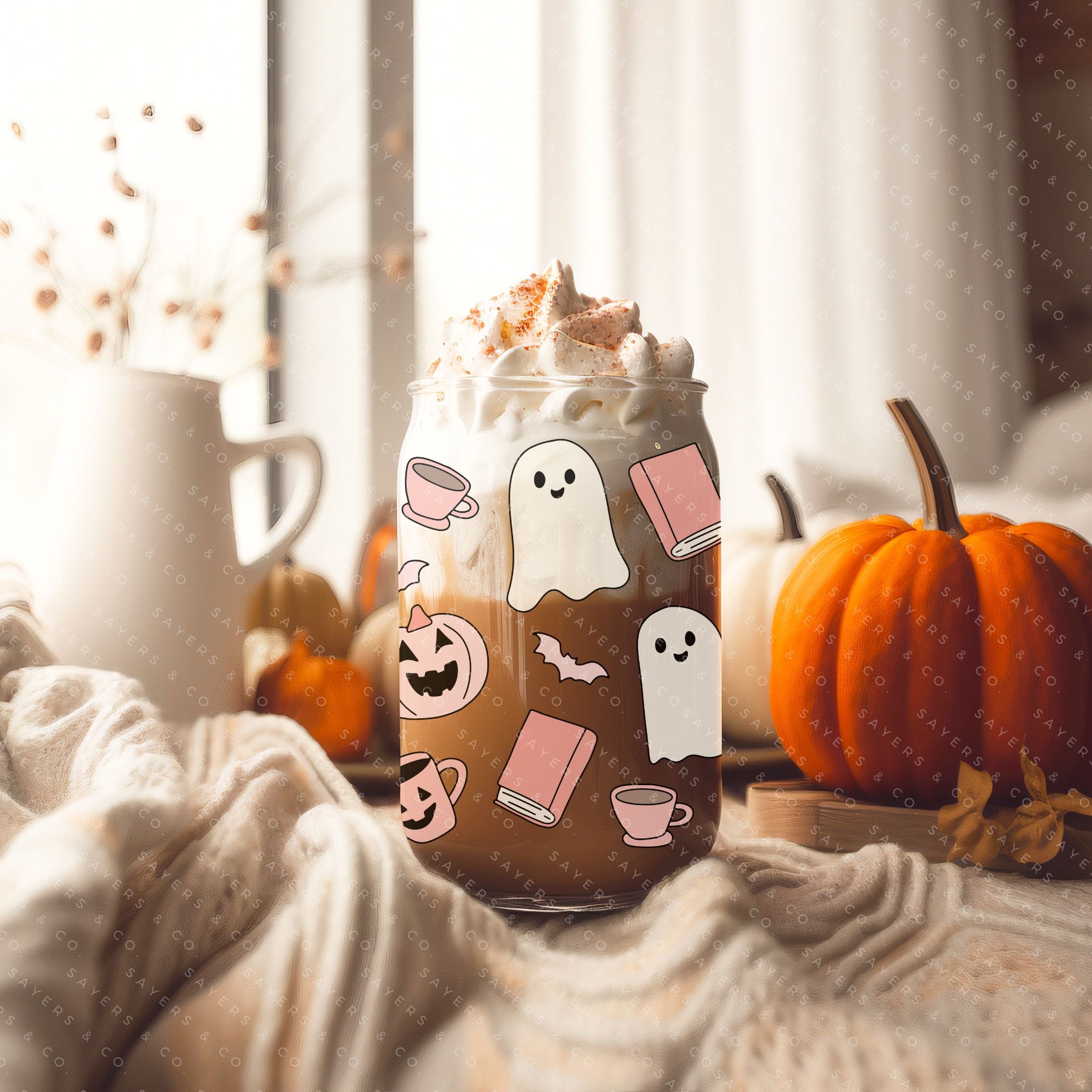 16oz Book Ghosts Glass Cup with Bamboo Lid and Straw, featuring a whimsical ghost design perfect for Halloween and book lovers.