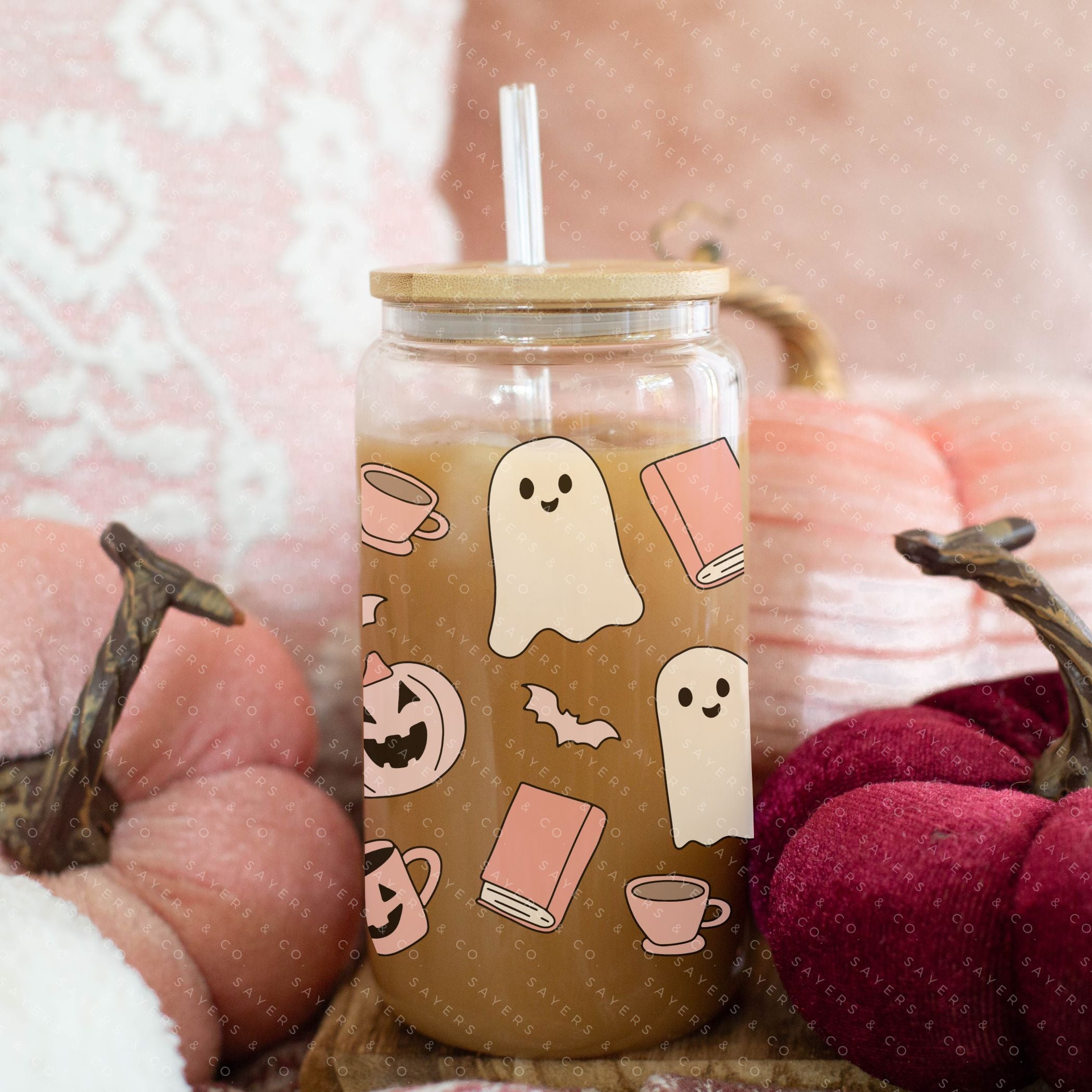 16oz Book Ghosts Glass Cup with Bamboo Lid and Straw, featuring a whimsical ghost design perfect for Halloween and book lovers.
