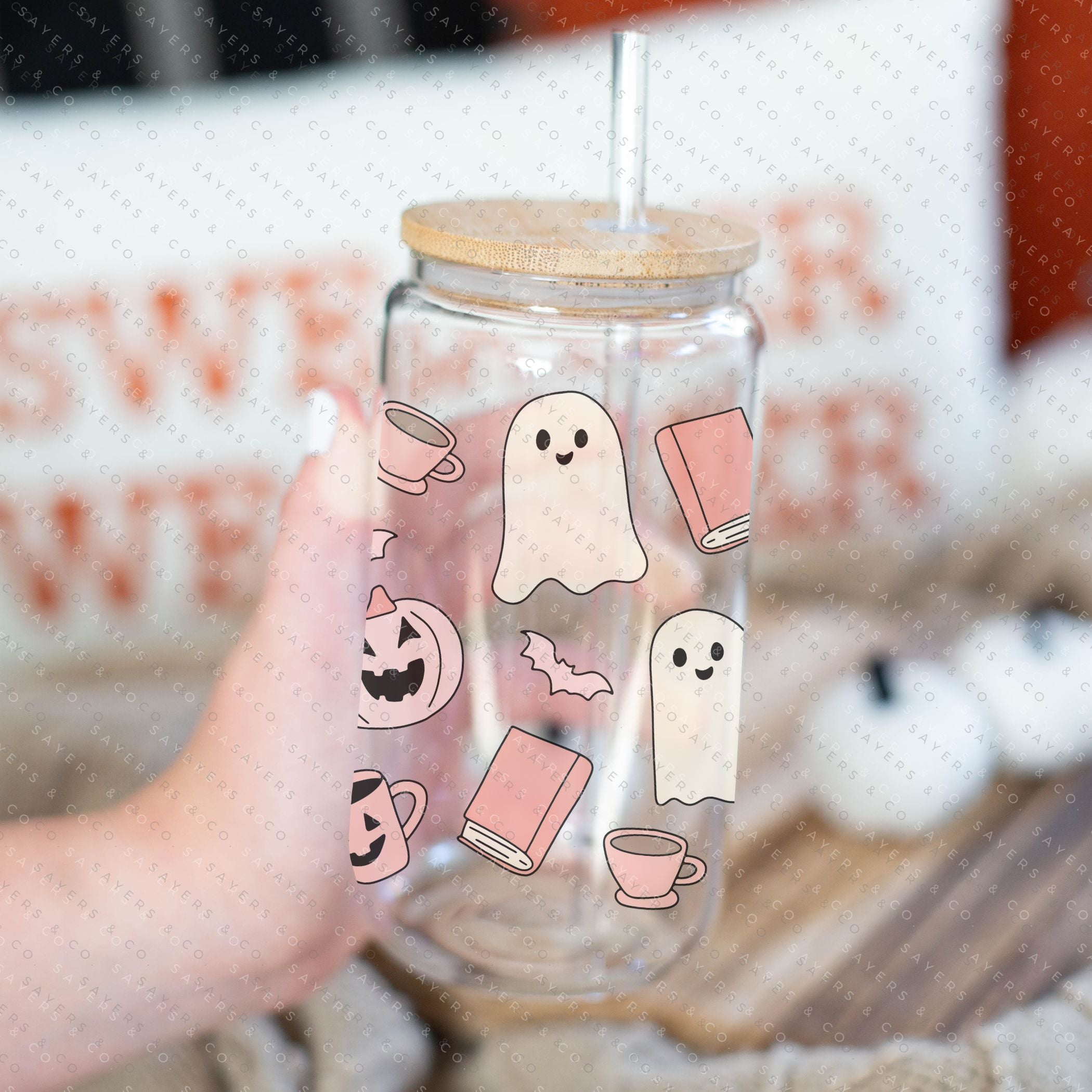 16oz Book Ghosts Glass Cup with Bamboo Lid and Straw, featuring a whimsical ghost design perfect for Halloween and book lovers.