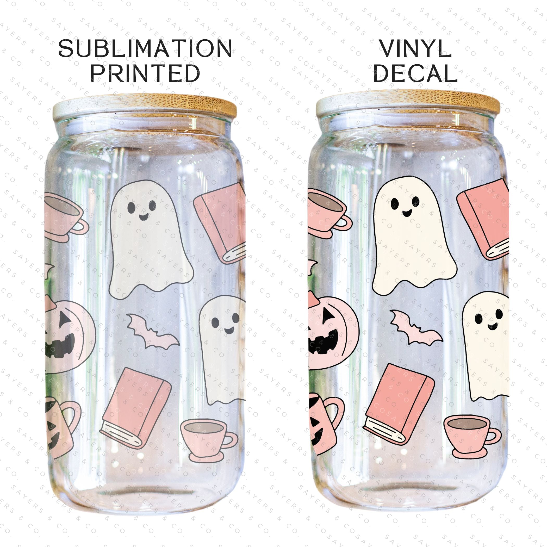 16oz Book Ghosts Glass Cup with Bamboo Lid and Straw, featuring a whimsical ghost design perfect for Halloween and book lovers.
