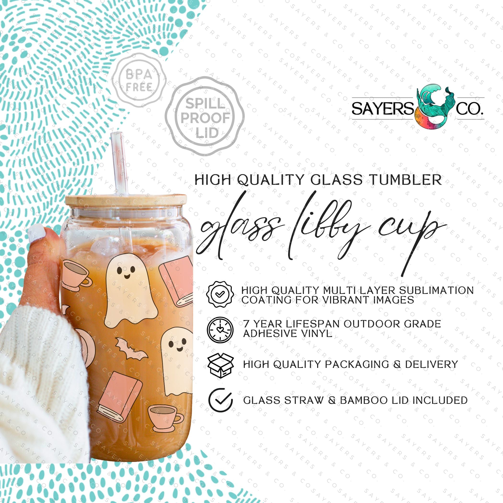 16oz Book Ghosts Glass Cup with Bamboo Lid and Straw, featuring a whimsical ghost design perfect for Halloween and book lovers.