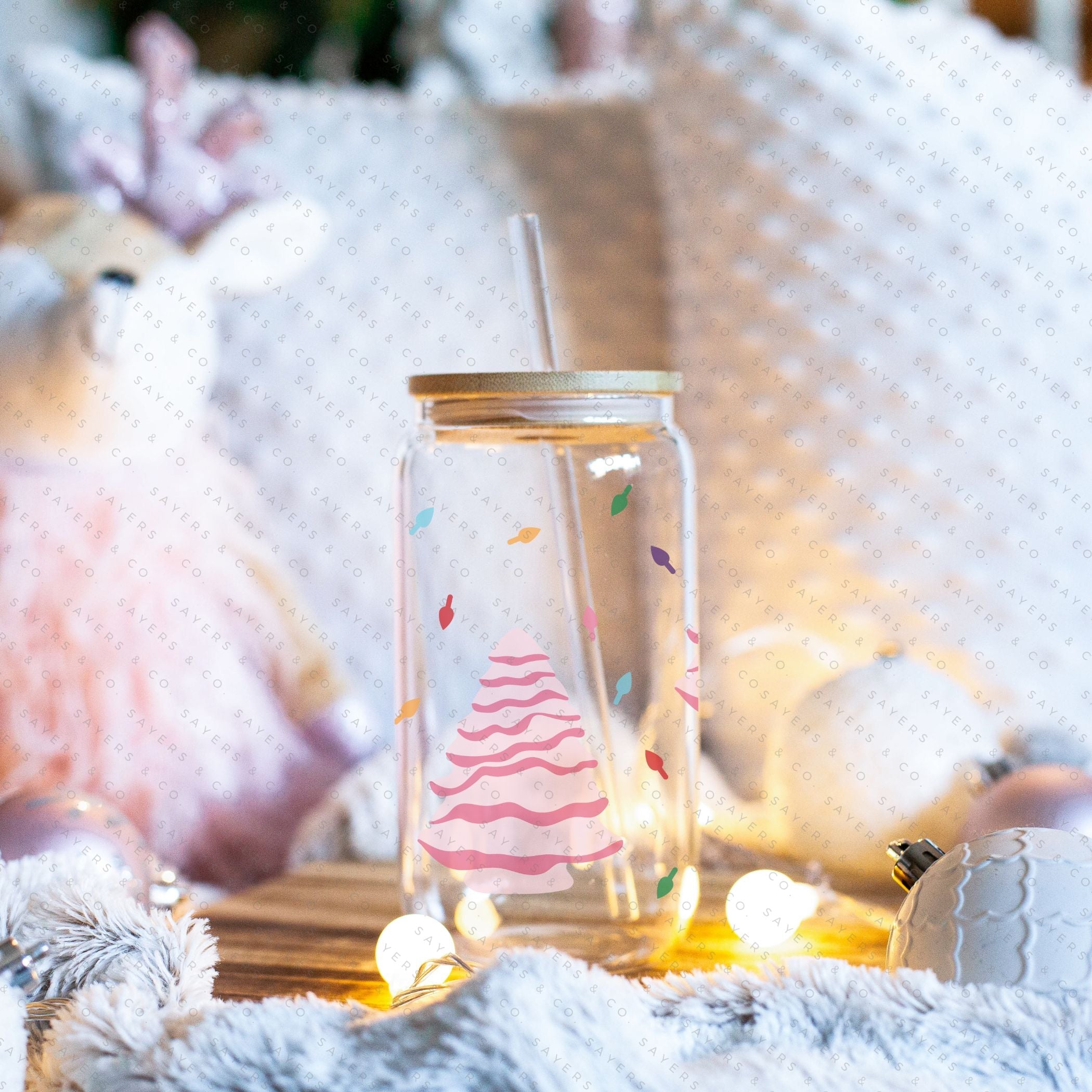 16oz Ceramic Christmas Trees Glass Cup featuring a bamboo lid and straw, perfect for holiday beverages.