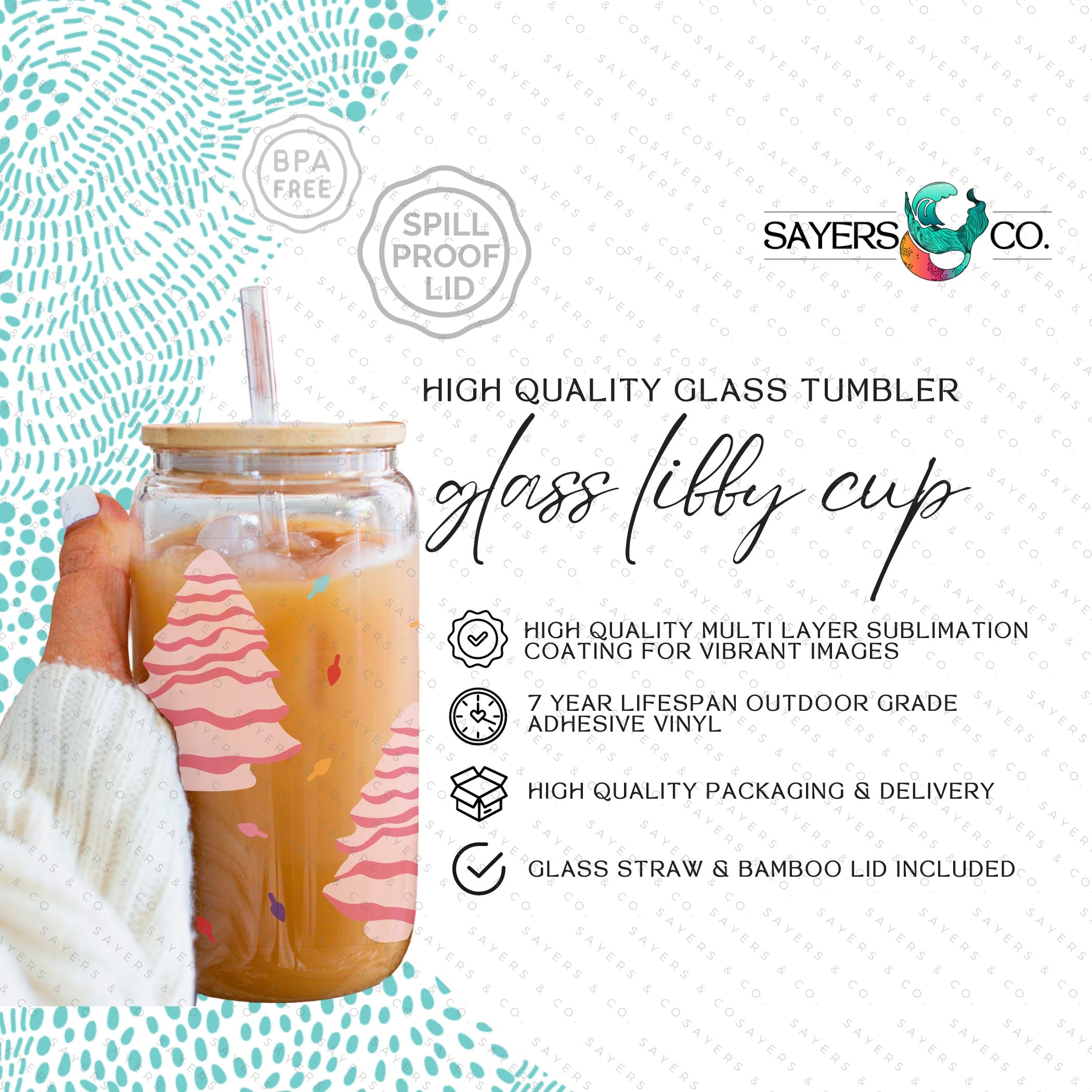 16oz Ceramic Christmas Trees Glass Cup featuring a bamboo lid and straw, perfect for holiday beverages.