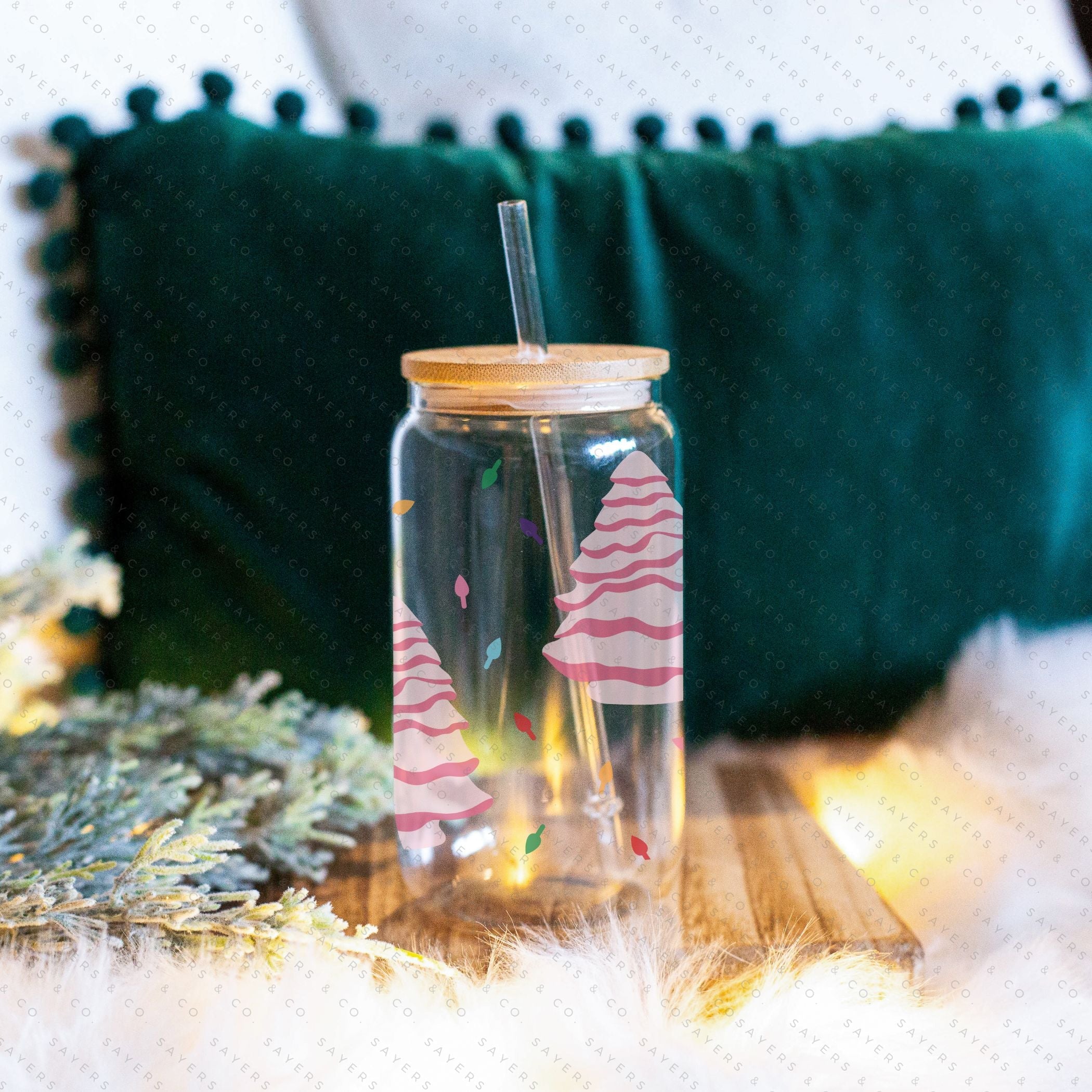 16oz Ceramic Christmas Trees Glass Cup featuring a bamboo lid and straw, perfect for holiday beverages.