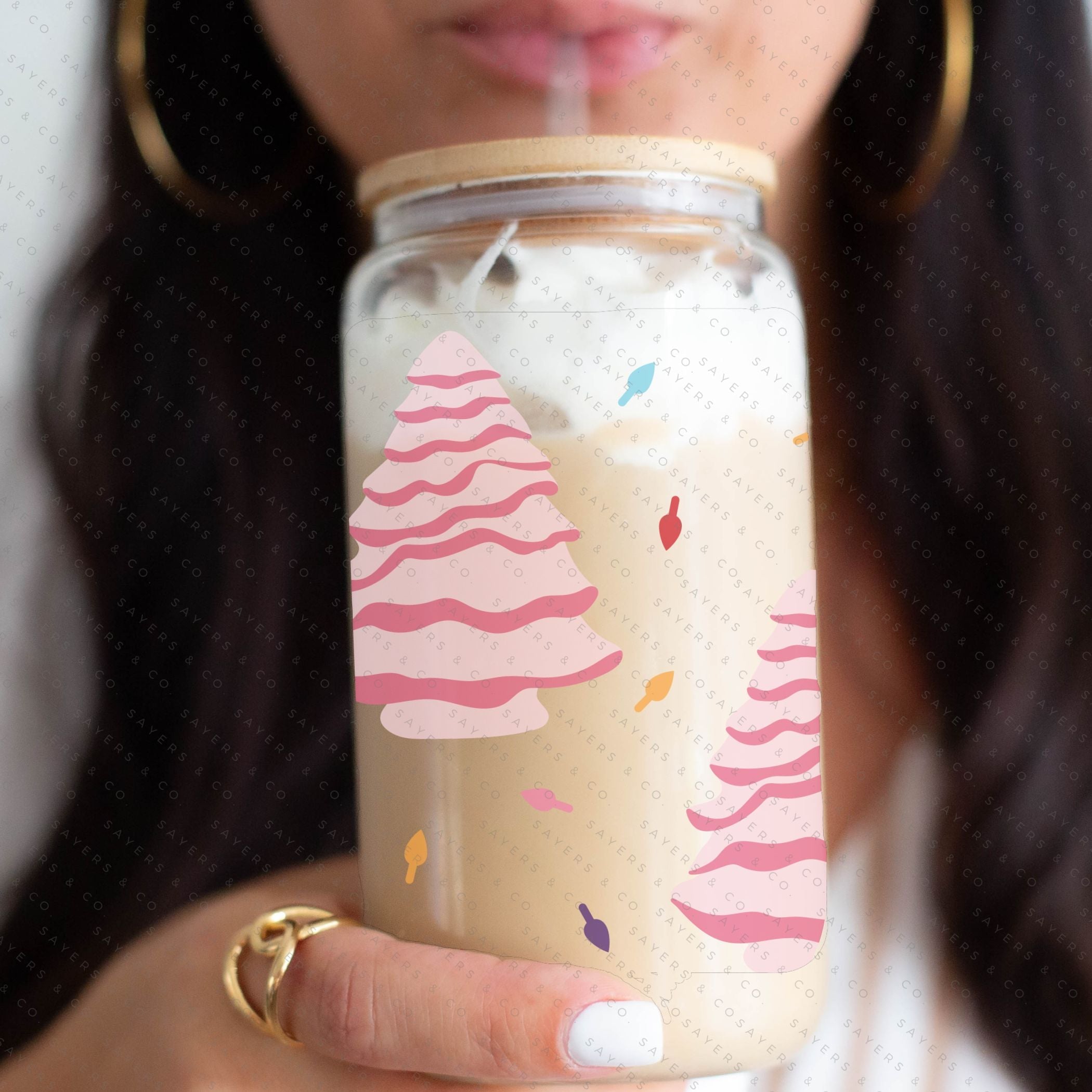 16oz Ceramic Christmas Trees Glass Cup featuring a bamboo lid and straw, perfect for holiday beverages.