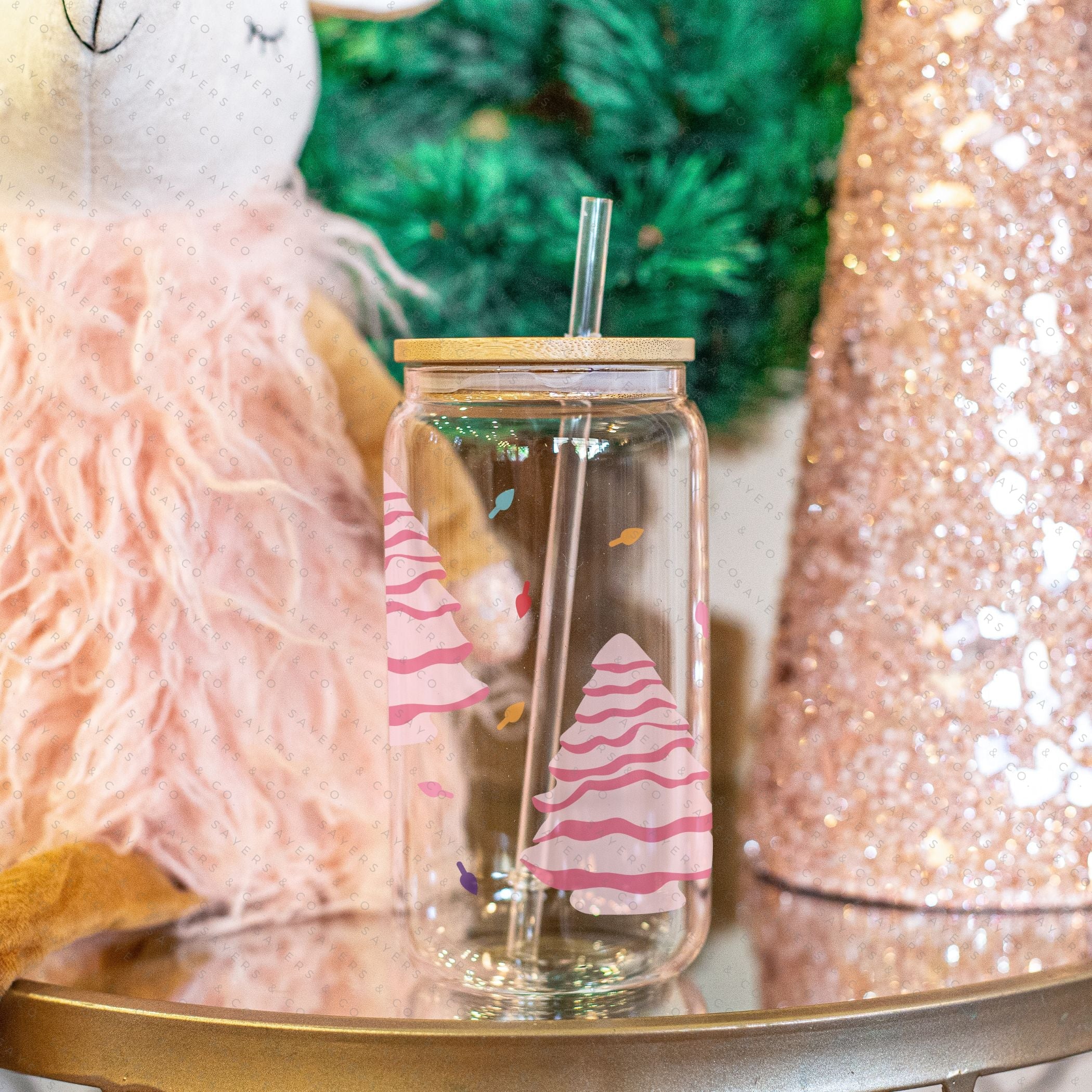 16oz Ceramic Christmas Trees Glass Cup featuring a bamboo lid and straw, perfect for holiday beverages.