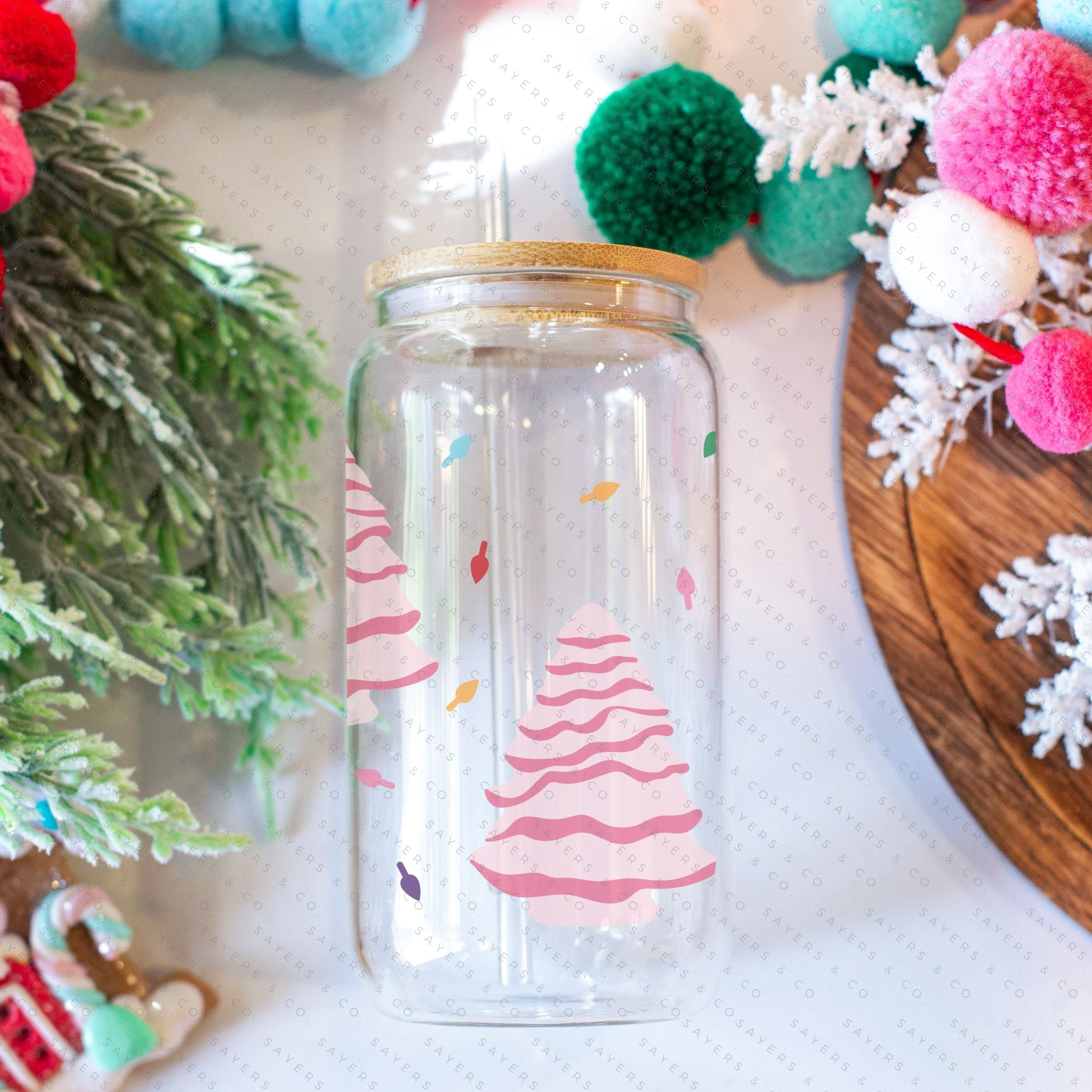 16oz Ceramic Christmas Trees Glass Cup featuring a bamboo lid and straw, perfect for holiday beverages.