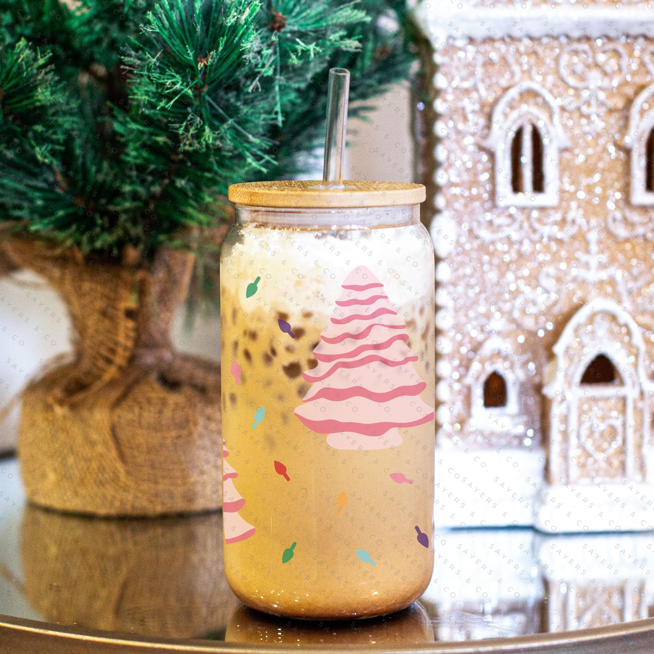 16oz Ceramic Christmas Trees Glass Cup featuring a bamboo lid and straw, perfect for holiday beverages.