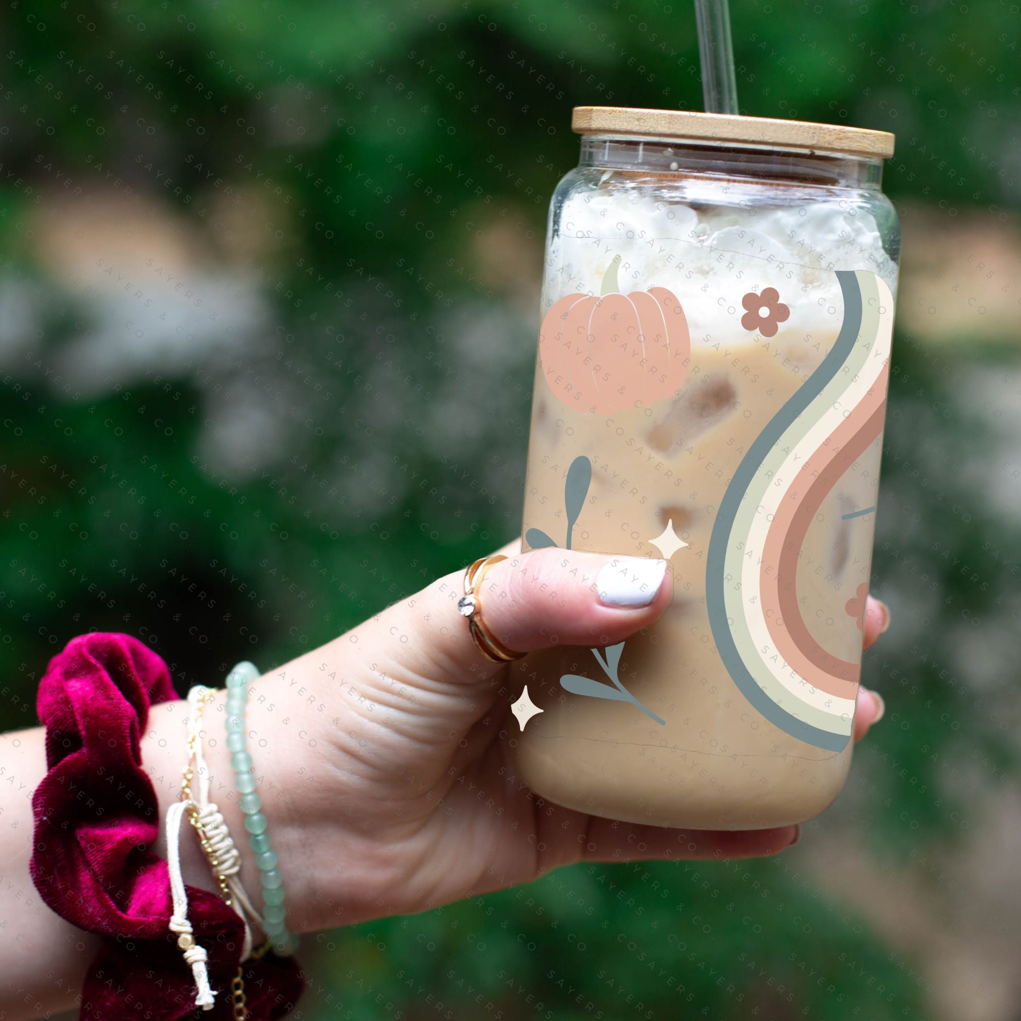 16oz Fall Kind of Girl Glass Cup with bamboo lid and straw, showcasing a stylish autumn design perfect for seasonal beverages.