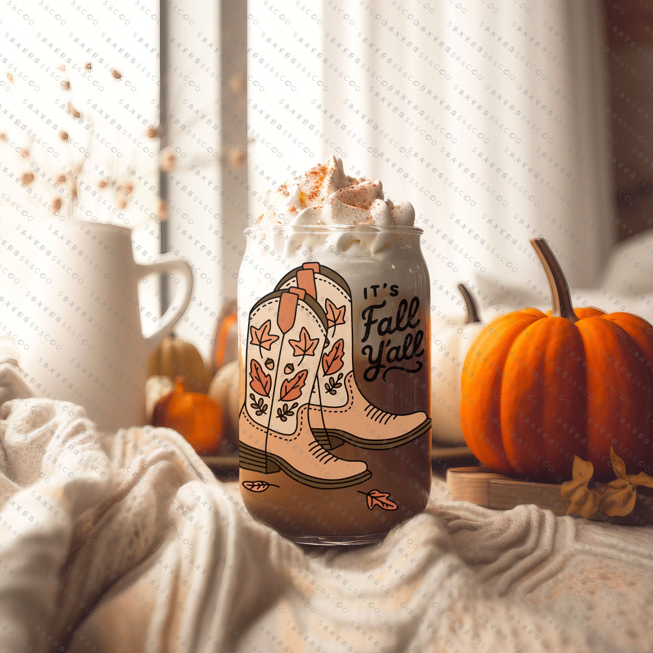 16oz Fall Yall Cowboy Glass Cup with bamboo lid and straw, featuring a fun autumn design, perfect for seasonal drinks.