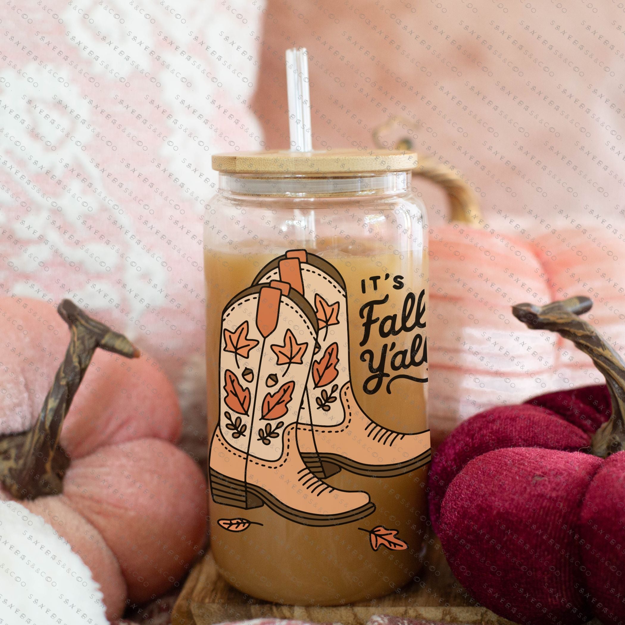 16oz Fall Yall Cowboy Glass Cup with bamboo lid and straw, featuring a fun autumn design, perfect for seasonal drinks.