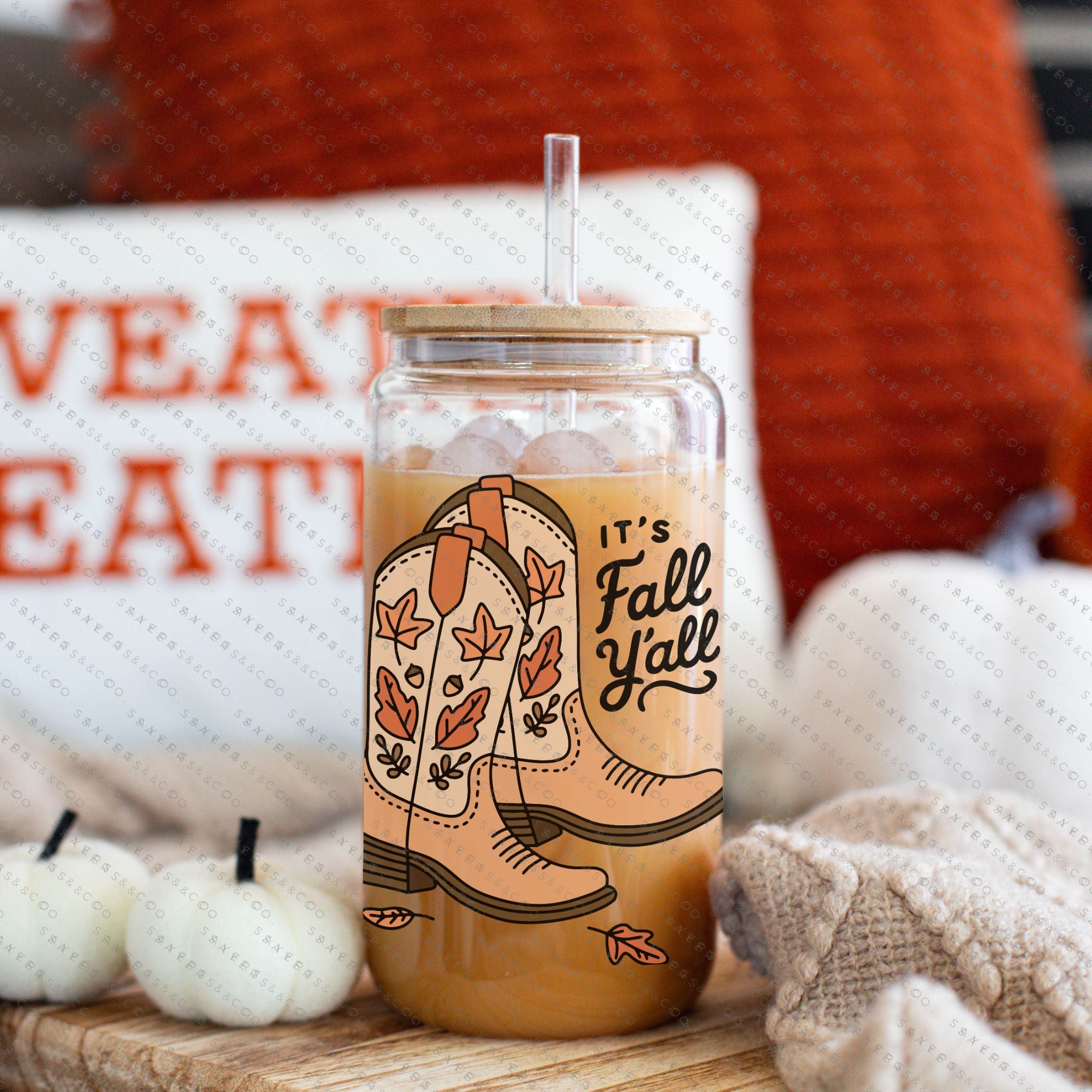 16oz Fall Yall Cowboy Glass Cup with bamboo lid and straw, featuring a fun autumn design, perfect for seasonal drinks.