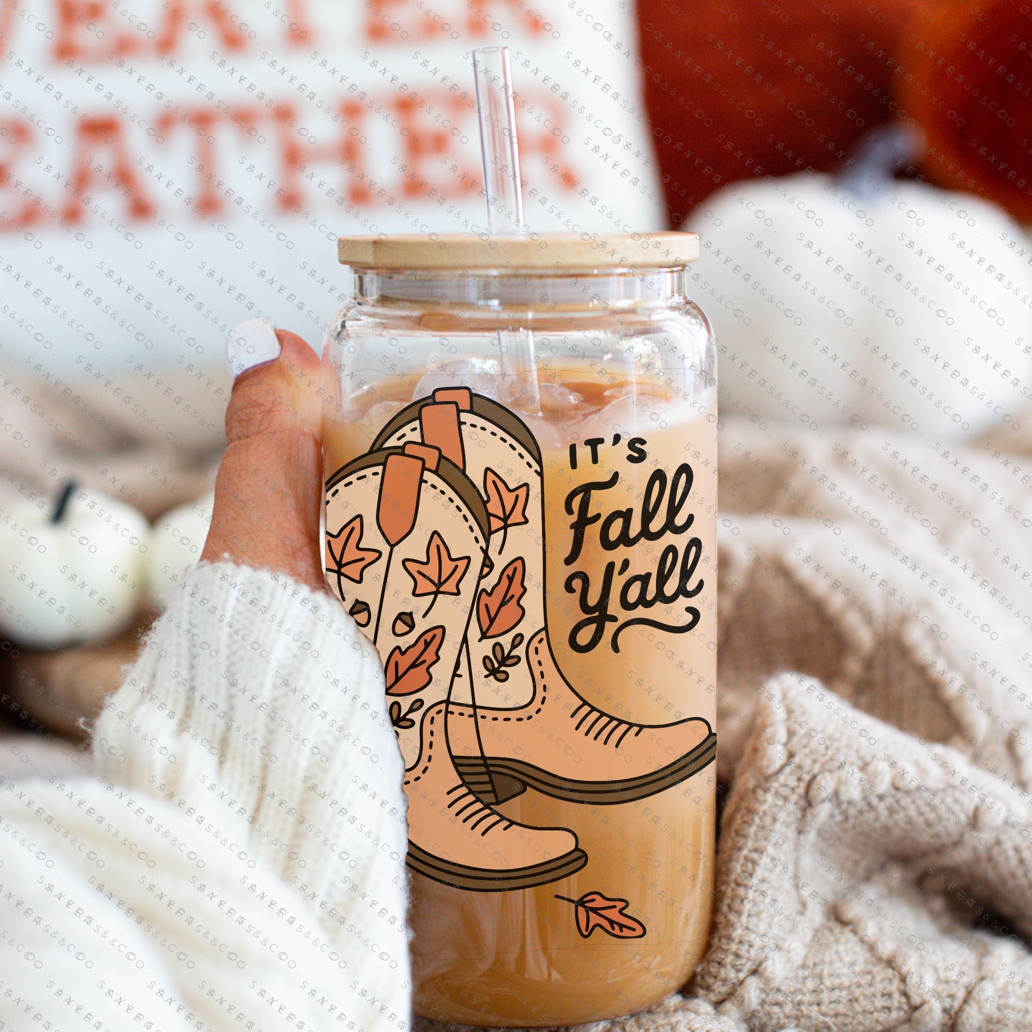 16oz Fall Yall Cowboy Glass Cup with bamboo lid and straw, featuring a fun autumn design, perfect for seasonal drinks.