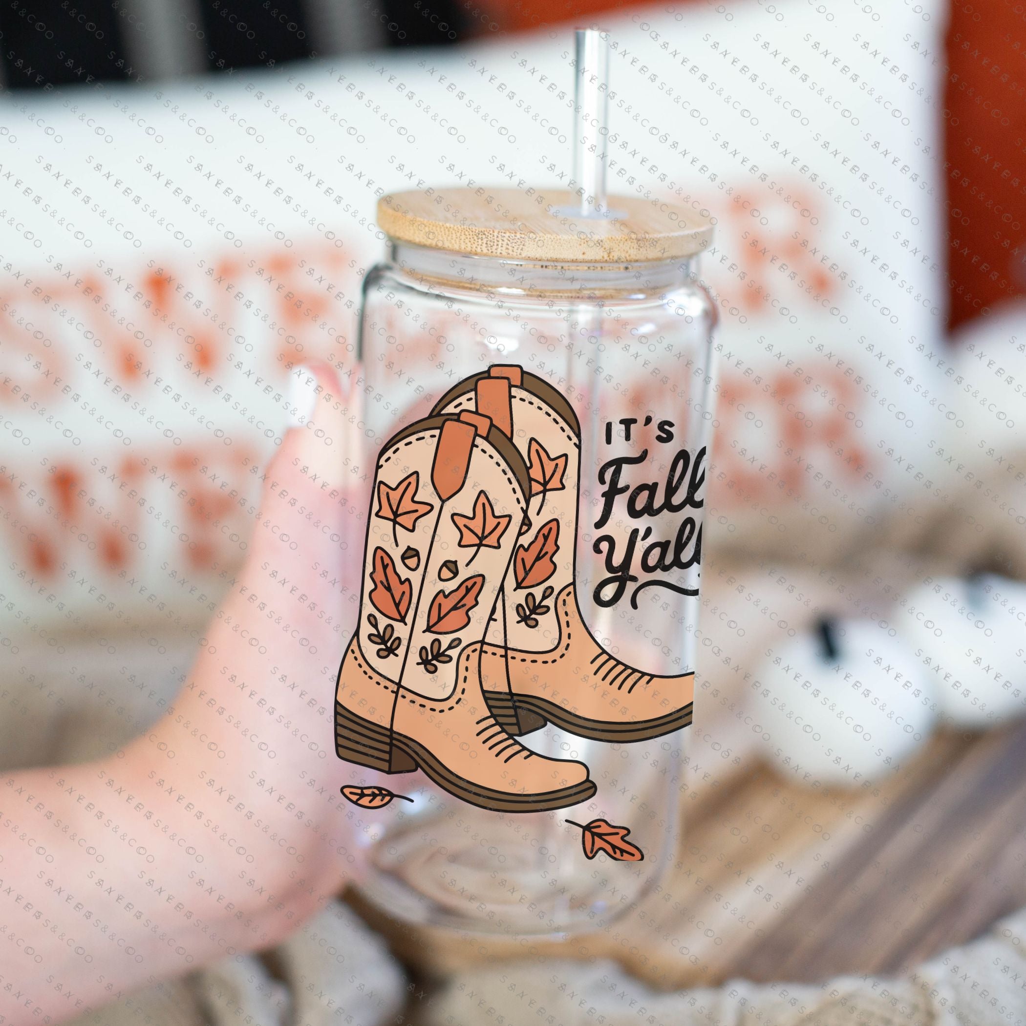 16oz Fall Yall Cowboy Glass Cup with bamboo lid and straw, featuring a fun autumn design, perfect for seasonal drinks.