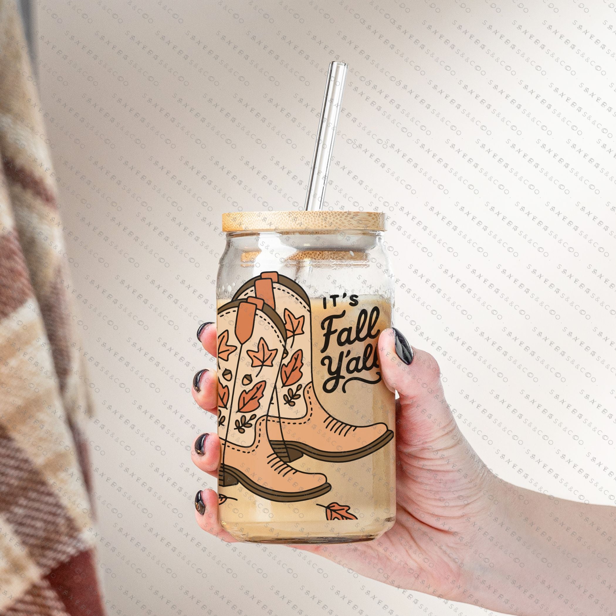 16oz Fall Yall Cowboy Glass Cup with bamboo lid and straw, featuring a fun autumn design, perfect for seasonal drinks.