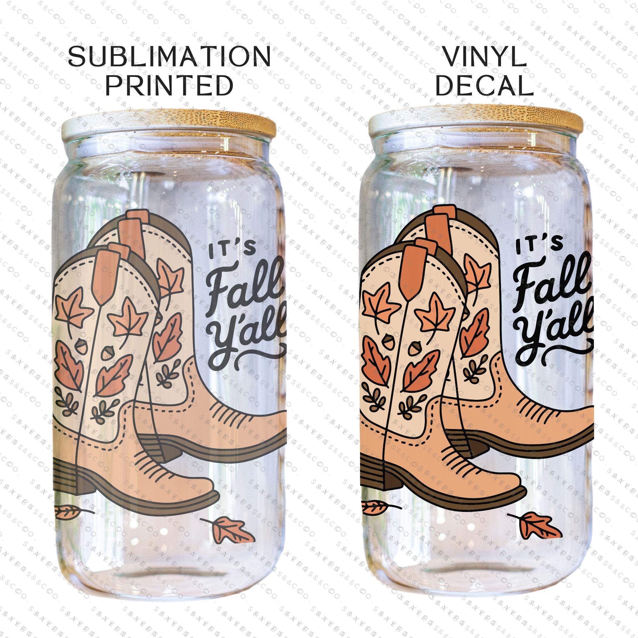 16oz Fall Yall Cowboy Glass Cup with bamboo lid and straw, featuring a fun autumn design, perfect for seasonal drinks.